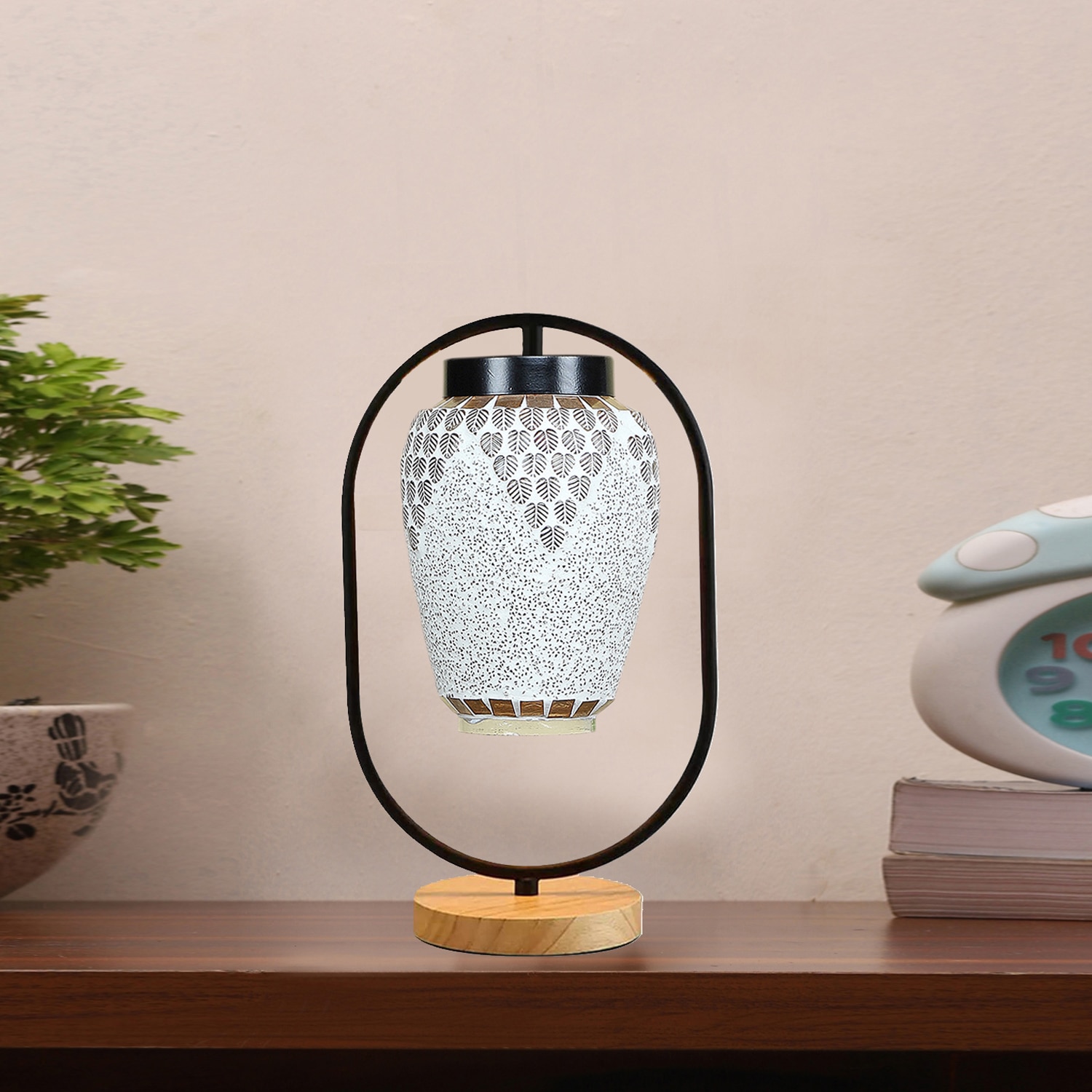 Devansh Multicolor Glass Wooden & Iron  Table Lamp -17 Inch Height  -Mnki