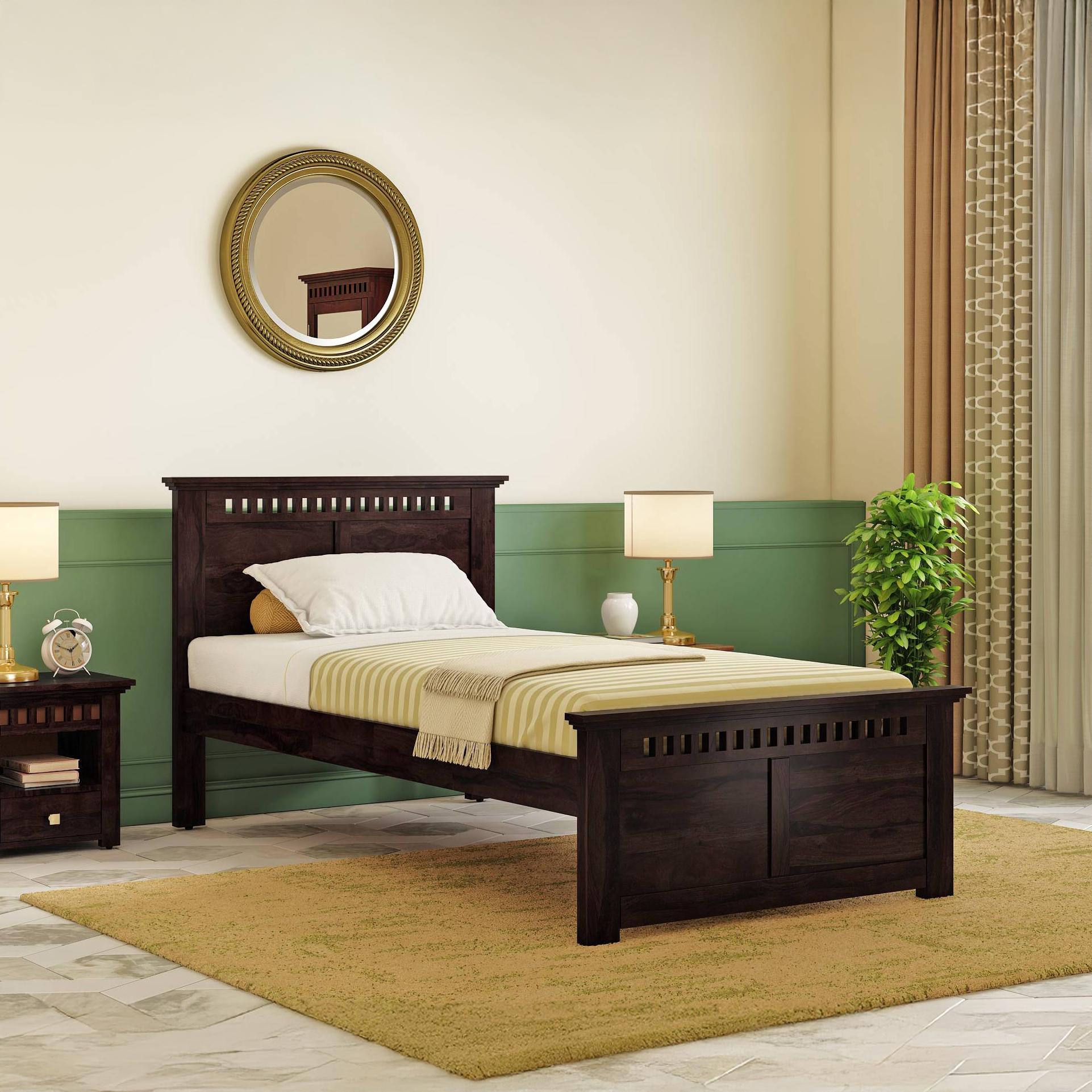 Fidora Solid Wood Single Size Non Storage Bed in Mahogany Finish