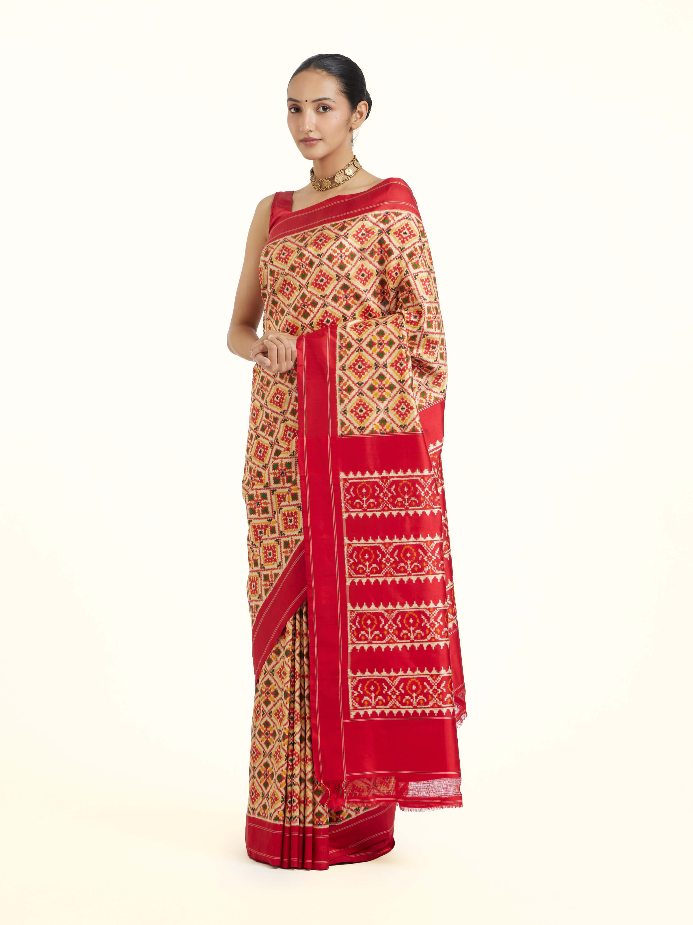Cream Pochampally Double Ikat Silk Saree