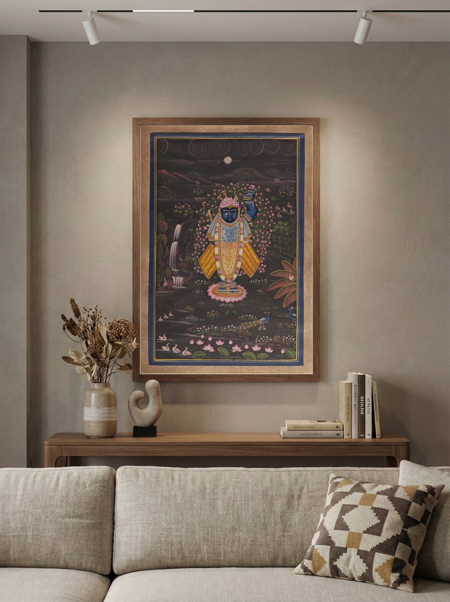 Pichwai Sharat Poornima painting with Lord Krishna in traditional Indian devotional art style