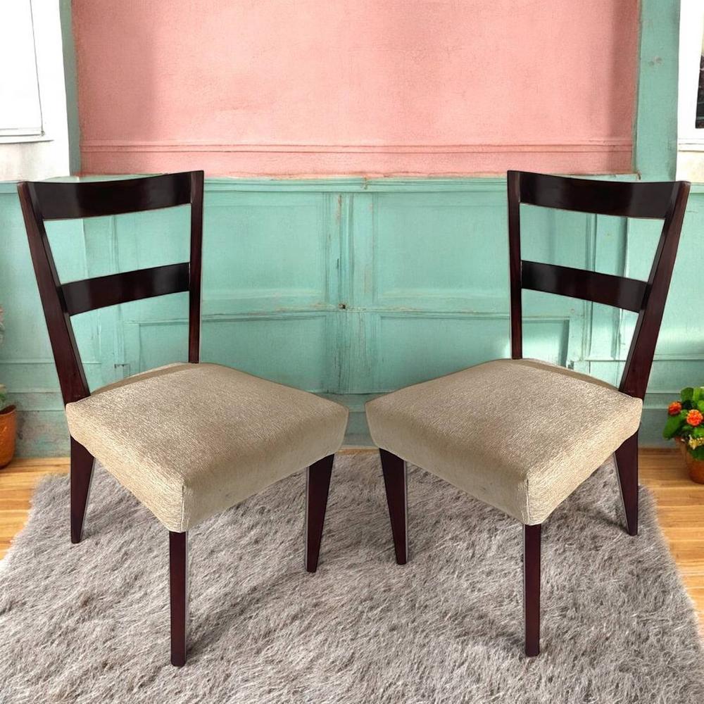 Newport wood Set of 2 Dining Chairs in Beige Mossy Fabric Cushioning with DARK WALNUT FINISH