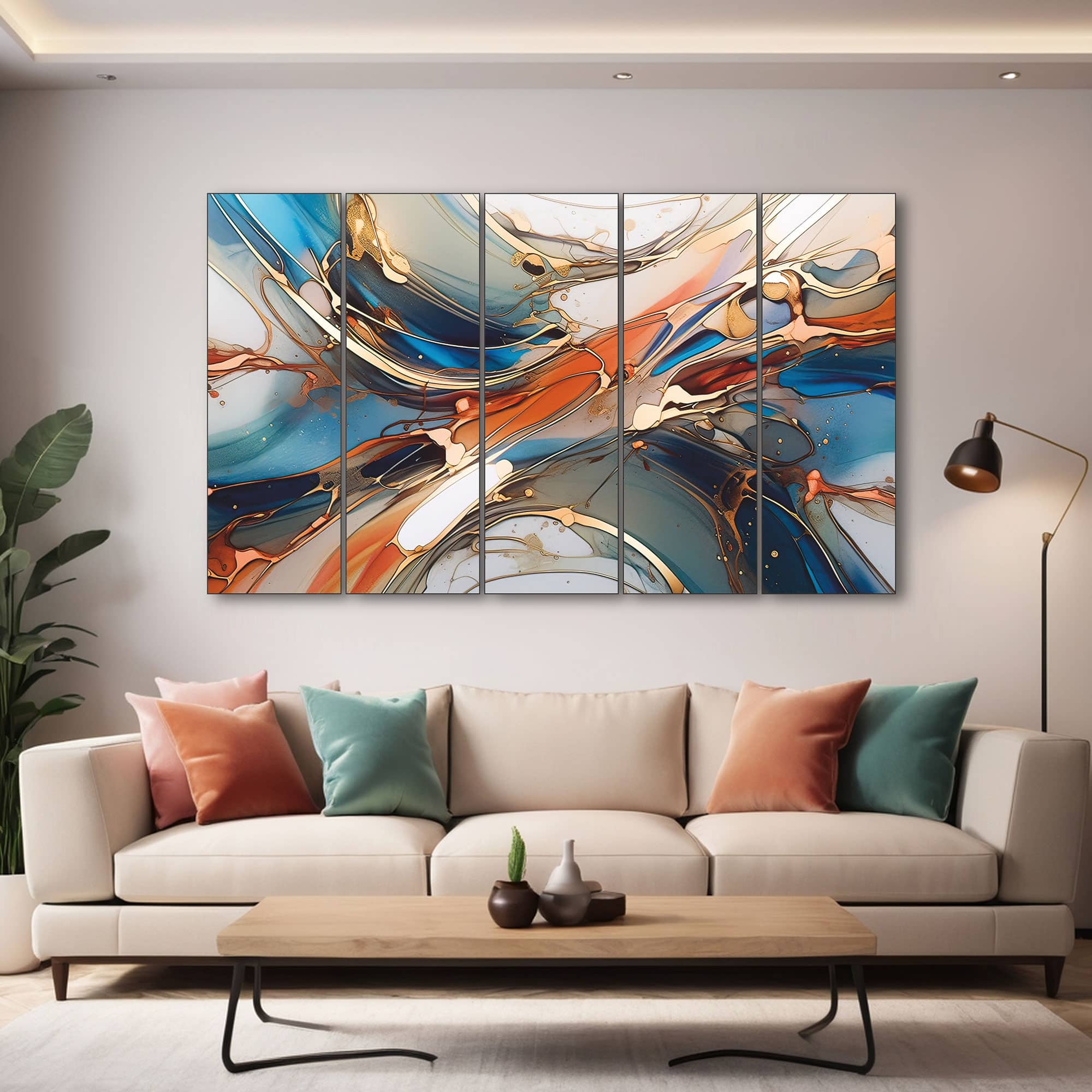 The Castle Decor Marble Abstract Wall Art Set of 5 Wooden Framed Painting 27x48 Inch Style 2 - The Castle Decor