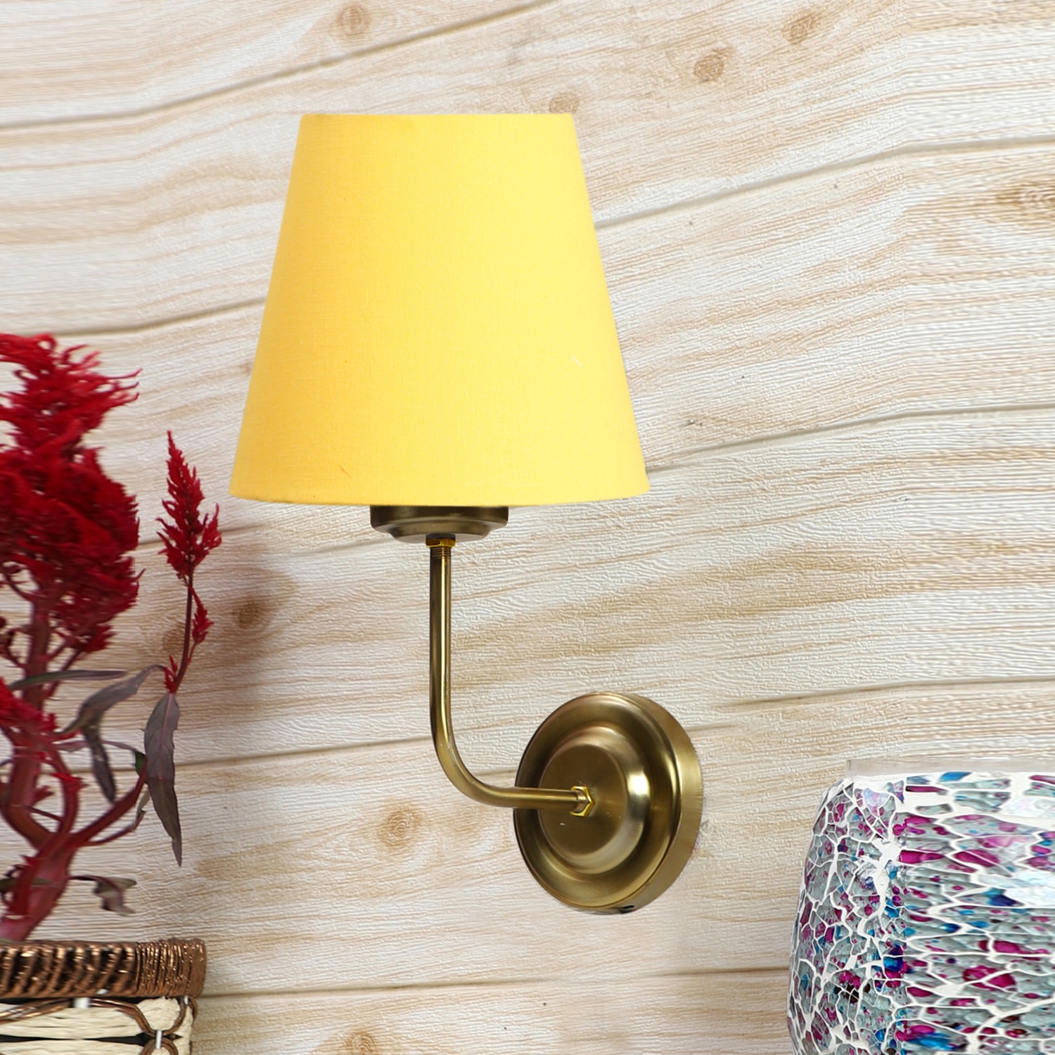 Devansh Metal Electric Wall Light in Gold Colour with Yellow Shade Count of 1 Light - Devansh