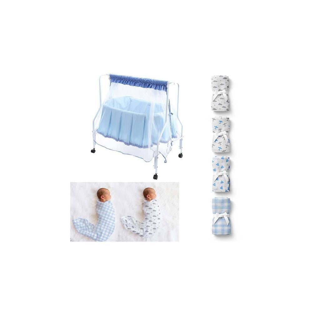 Lyra Stainless Steel Baby Cradle with Mosquito Net Clouds &Checks