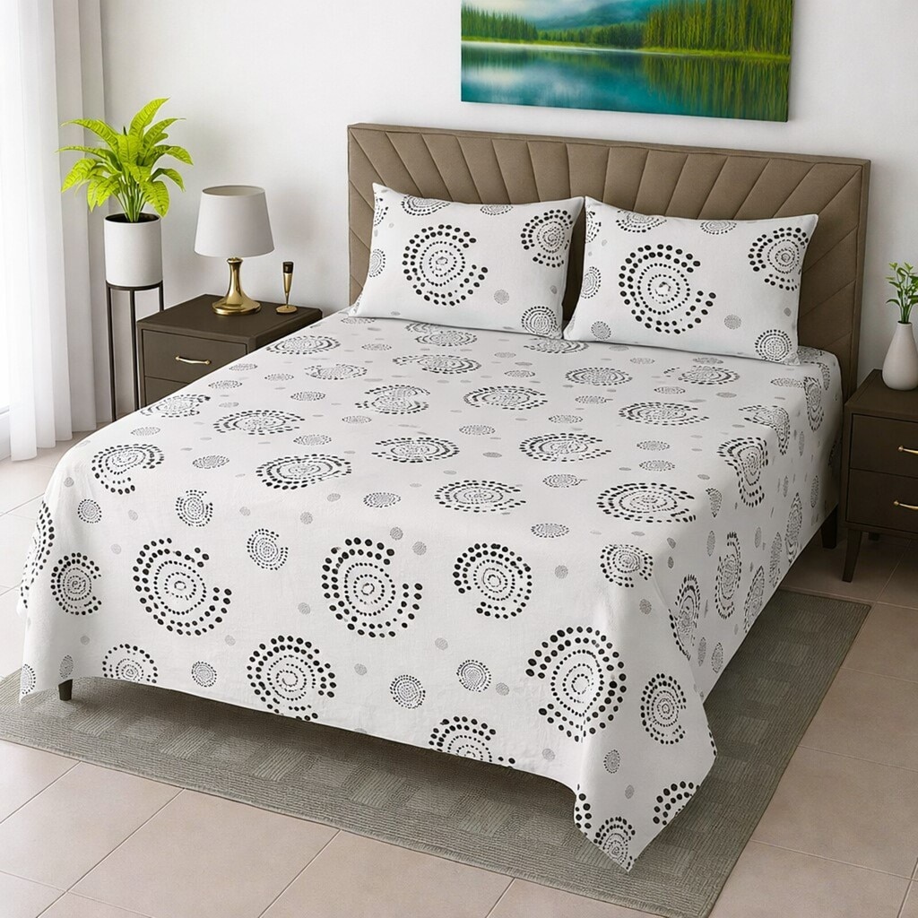 Bela Black & White Geometric 330 TC Cotton Flat Super King Size Bedsheet with 2 Pillow Covers – Threads - Threads