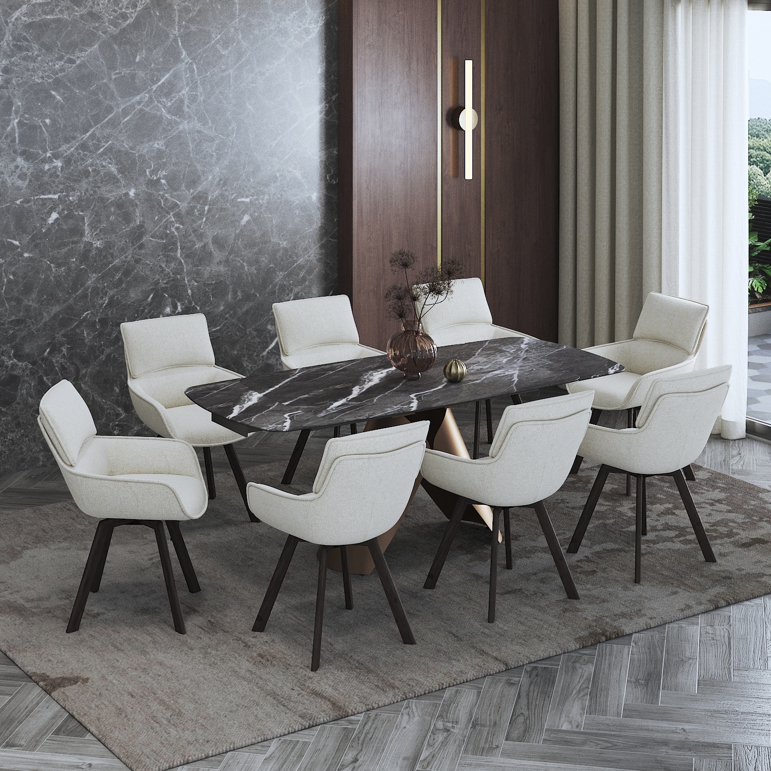 Aeris Ceramic 6 To 8 Seater Extendable Dining Table With 6  Bren Dining Chairs (Finish : Black Jade, Chair Colour : Ivory)
