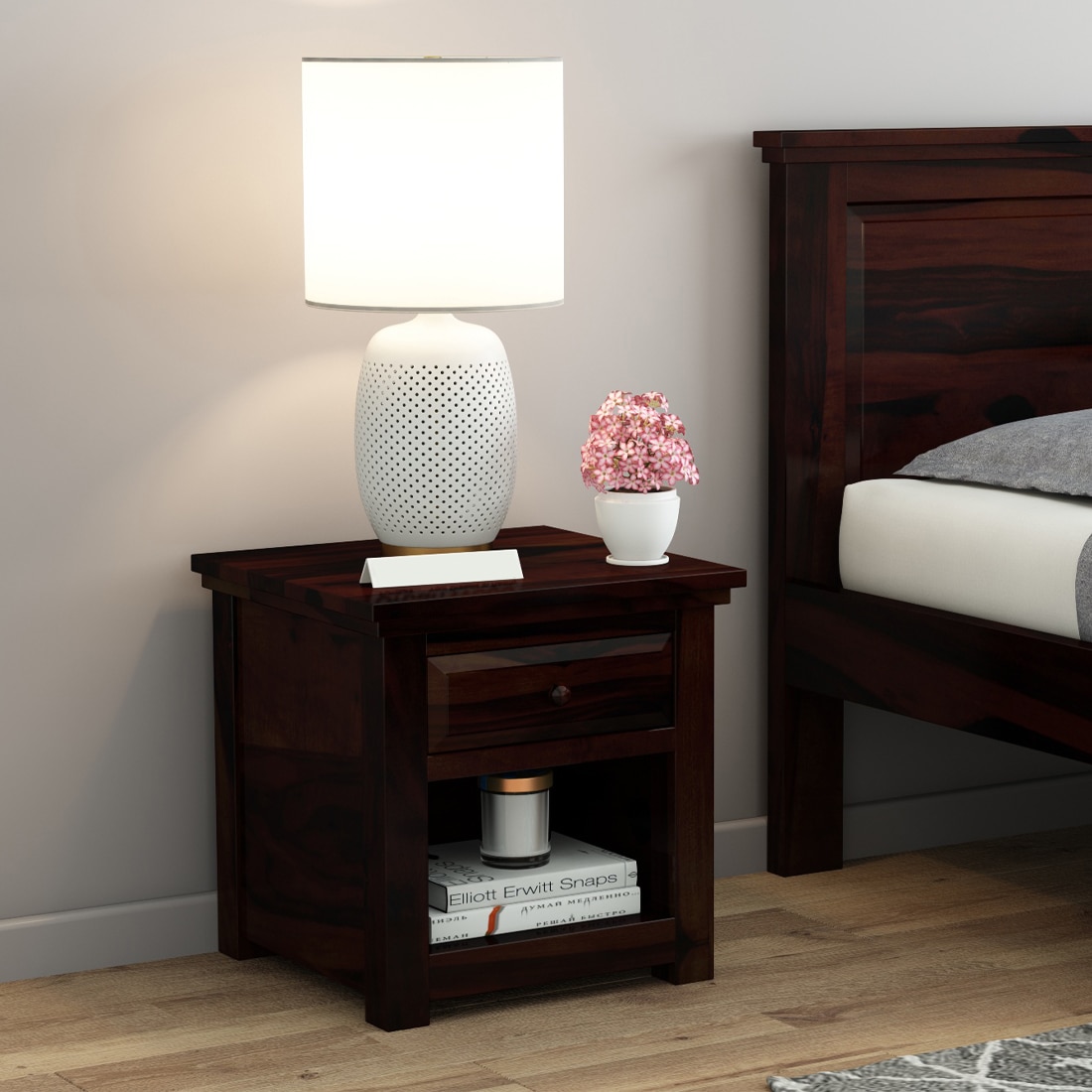 Happu Solid Wood Bedside Table in Walnut Finish