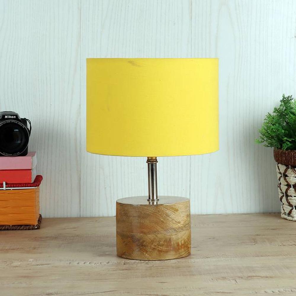 Mansell Yellow Fabric Shade Table Lamp with Natural Wooden Base - Devansh