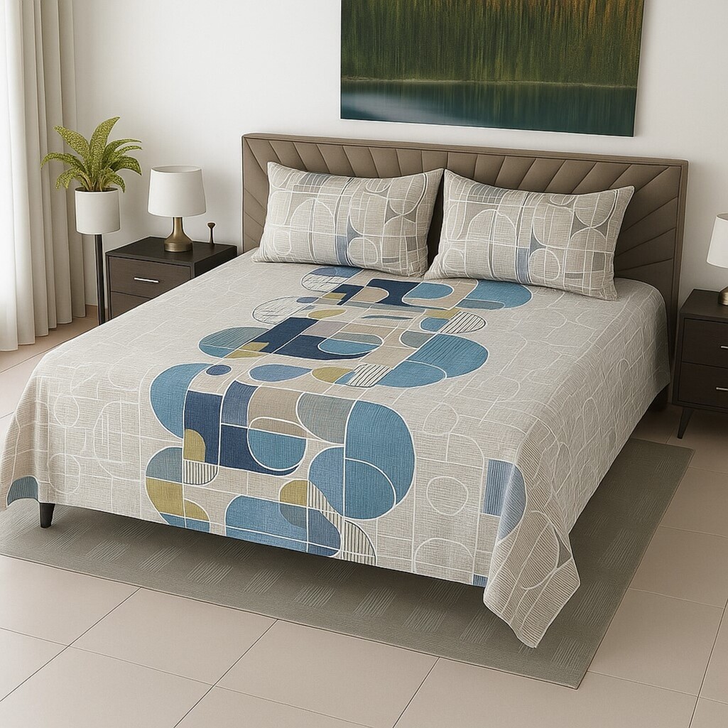 White Geometric 400 TC Cotton Flat Super King Size Bedsheet With 2 Pilllow Covers From Threads