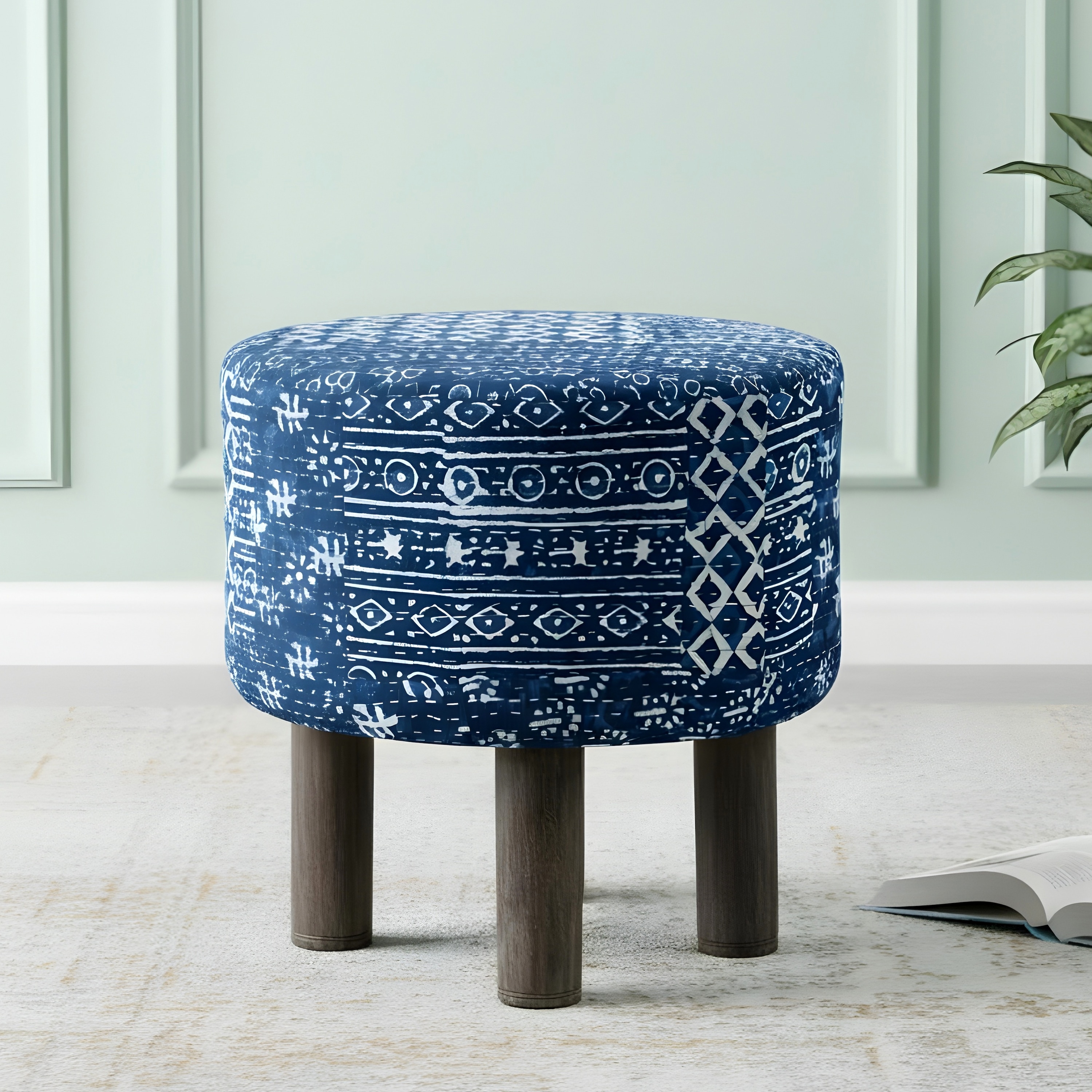 Morgan Solid Wood Pouf Stool in Indigo Patch Kantha Fabric