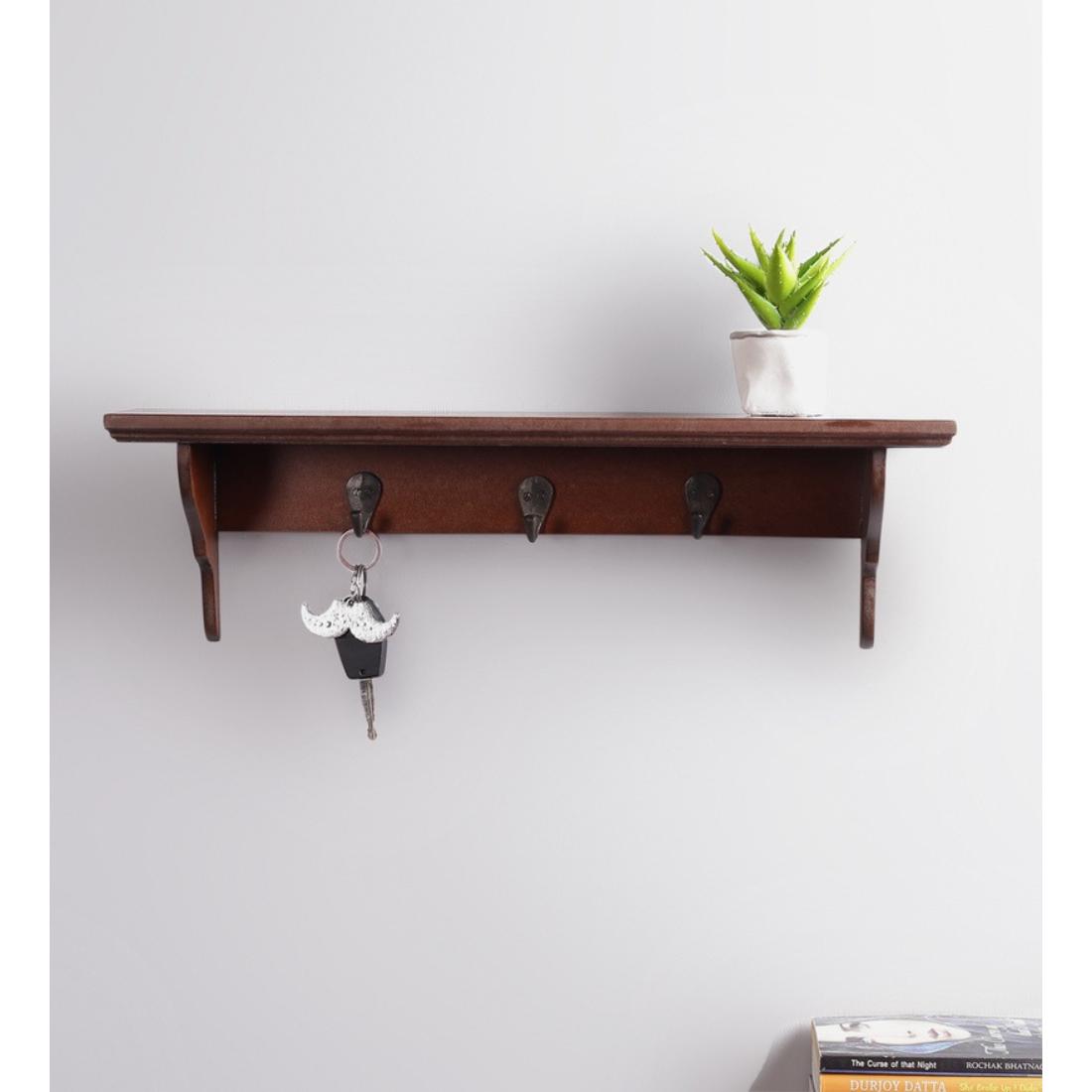 Wooden Wall Shelf with 3 Key Hooks in Brown Colour-image-4
