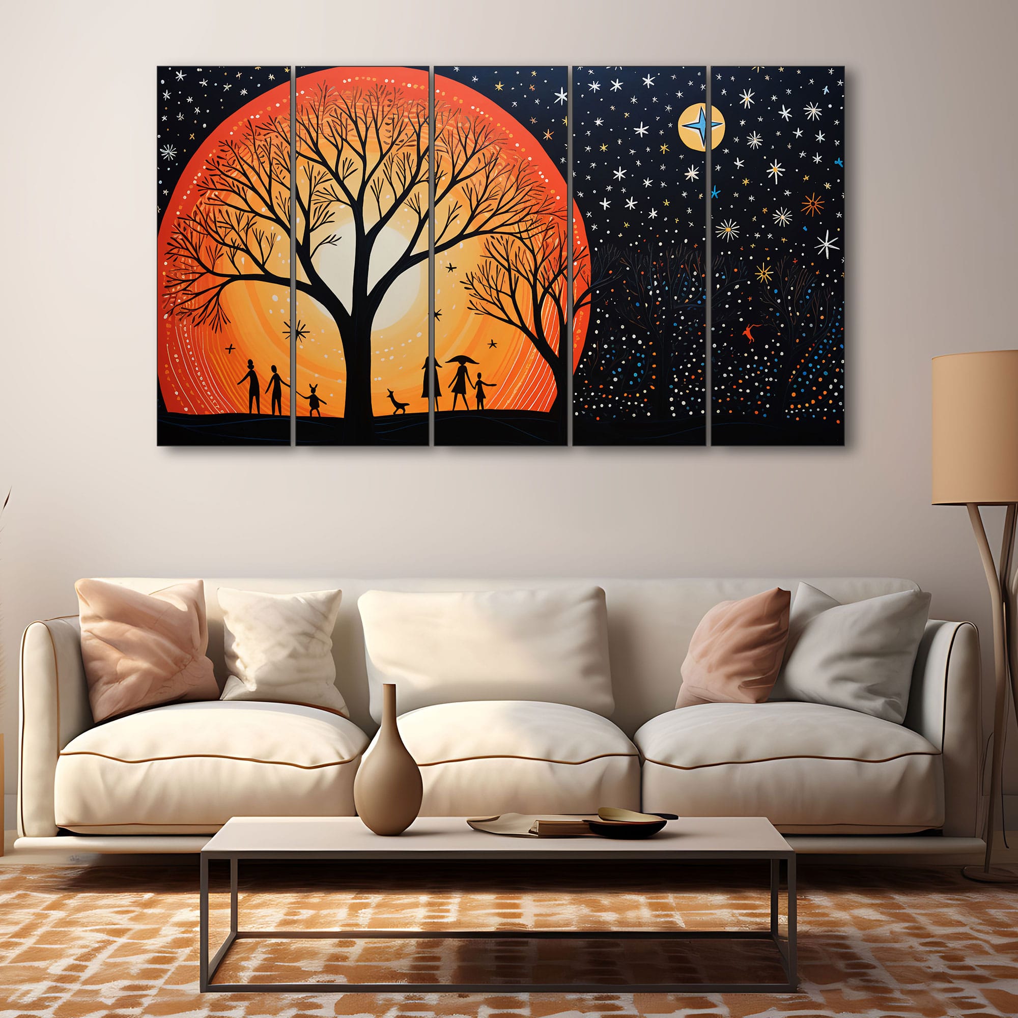 The Castle Decor Warli Art Wall Painting Wooden Framed 27x48 Inch (Style 5)