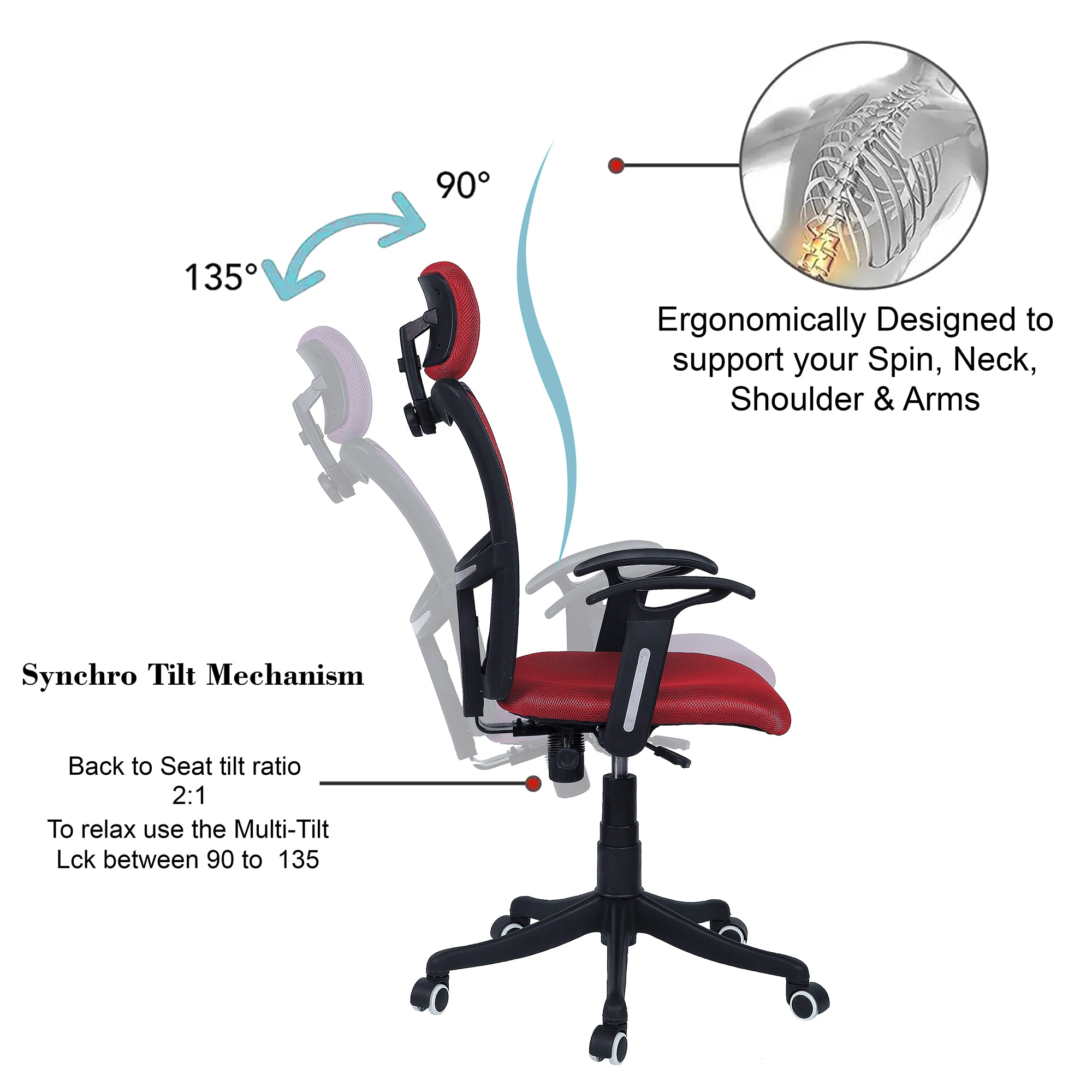 Jeaorda High Back Ergonomic Chair in Red Colour