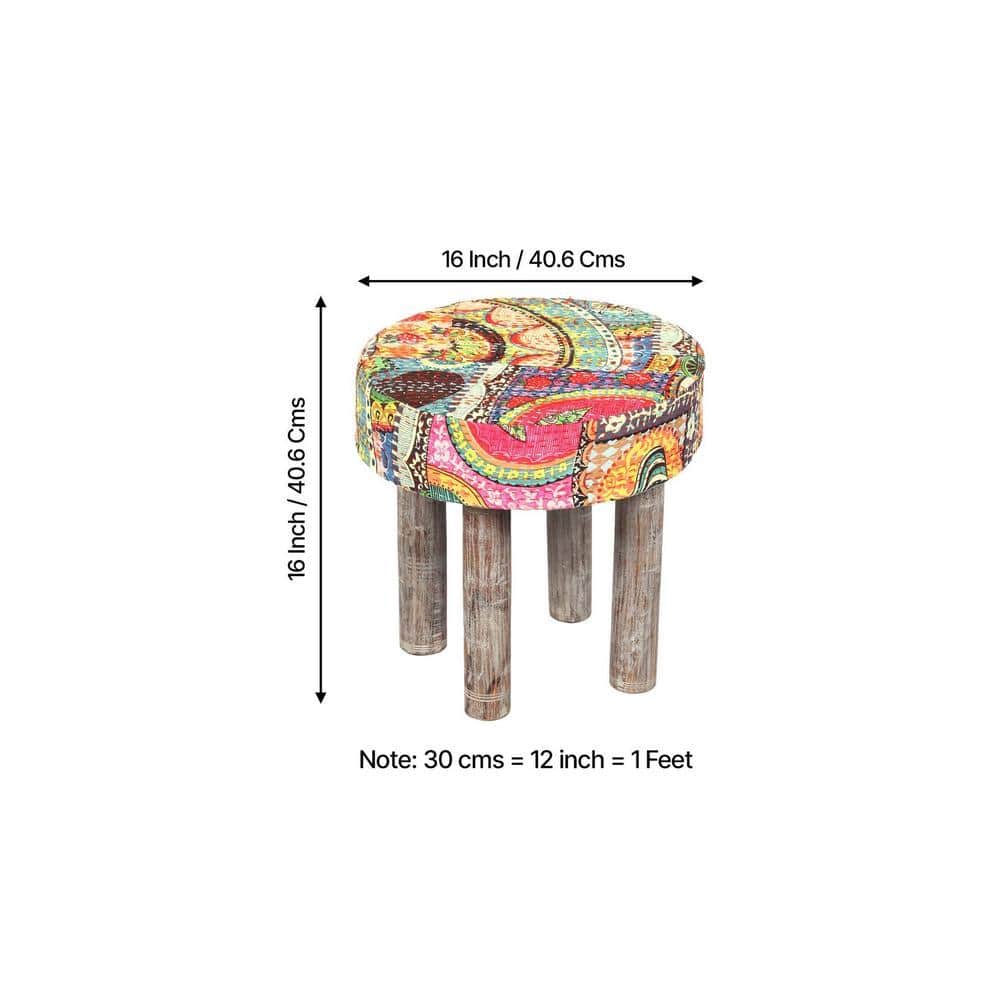 Kingsville Solid Wood Stool in Multi Colour Israel Print Kantha fabric