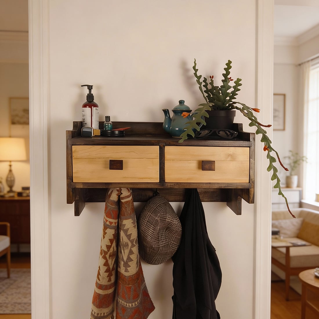 Golden Oak Wooden Wall Shelf With Drawers & Key Holders