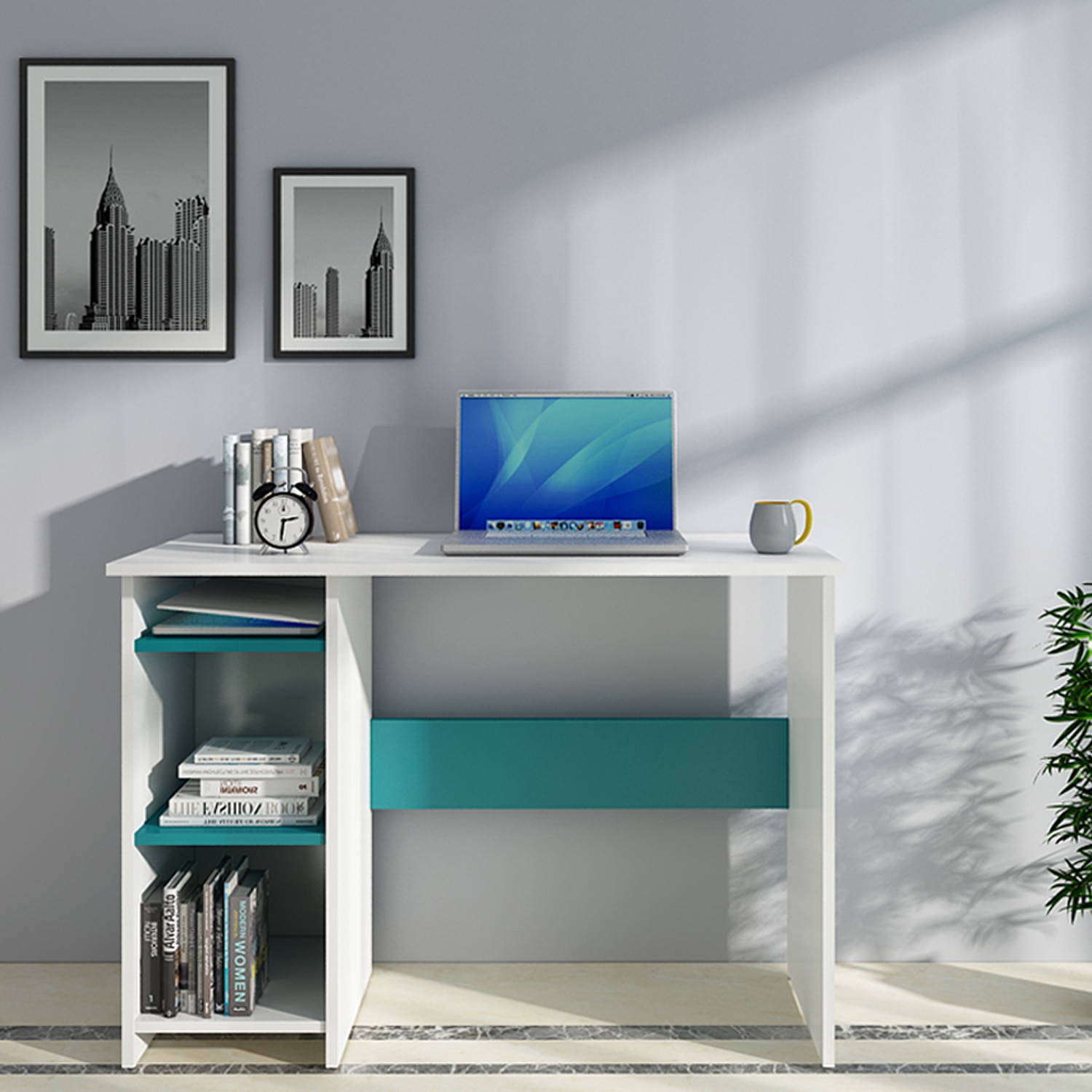 Woodbuzz Duke Engineered Wood Finish Study Table Desk In Frosty White And Ocean Green - Woodbuzz