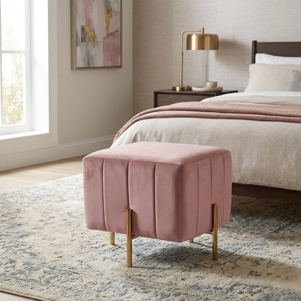 Doe Buck Adirondack Channel Tufted Velvet Ottoman Stool in Pink Colour with Gold Legs - Doe Buck