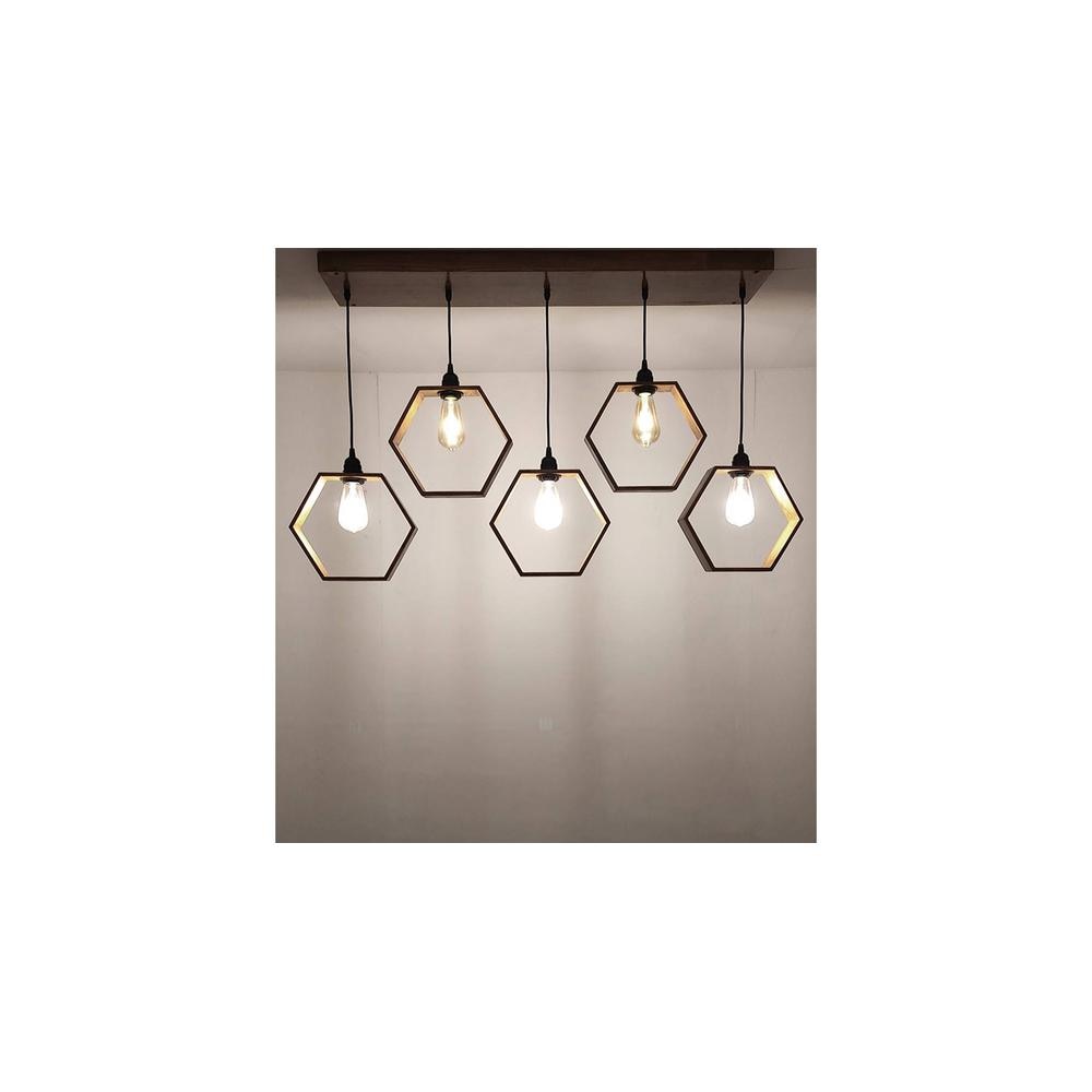 Hexagram 5 Series Brown Solid Wood Cluster Hanging Light