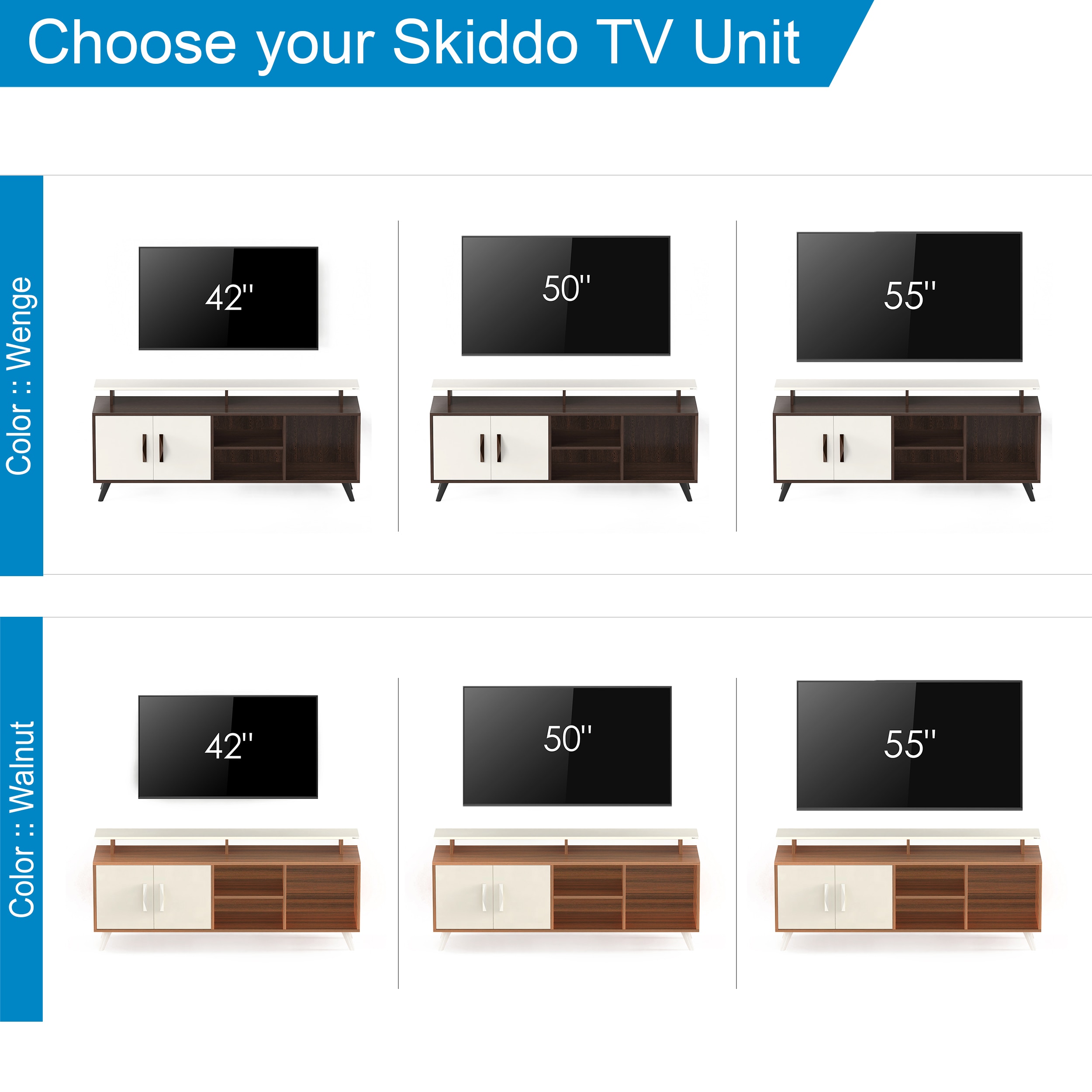 BLUEWUD Skiddo Engineered Wood TV Entertainment Unit Set Top Box Stand/TV Cabinet Panel with Shelves for Books & D�cor Display Unit Bed Living Room Upto 55 Inches - DIY (Walnut & White)