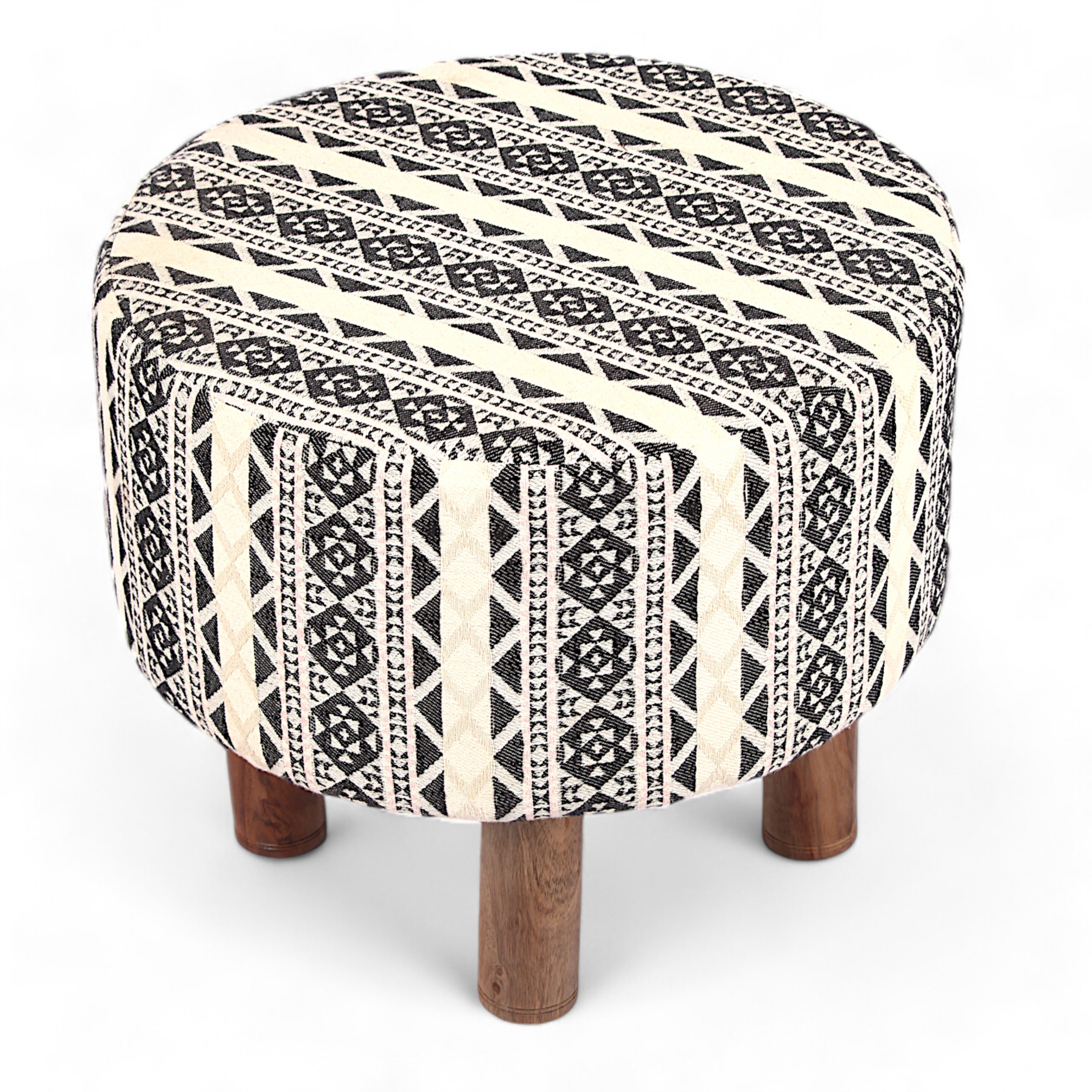 Collio Solid Wood Ottoman Pouffee in Stripe Beige Jackard fabric