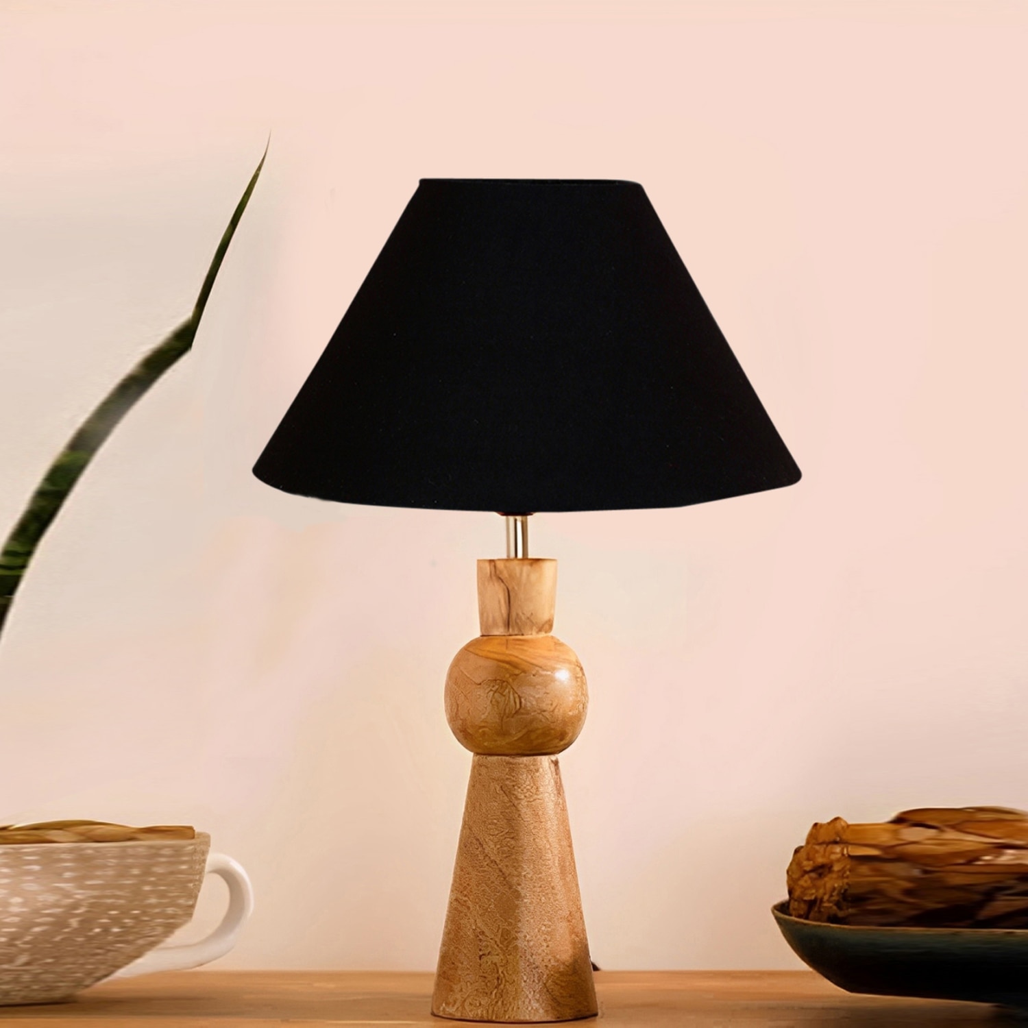 Devansh Black Cotton Table Lamp With Wood Natural Base (10X18 Inches)-28