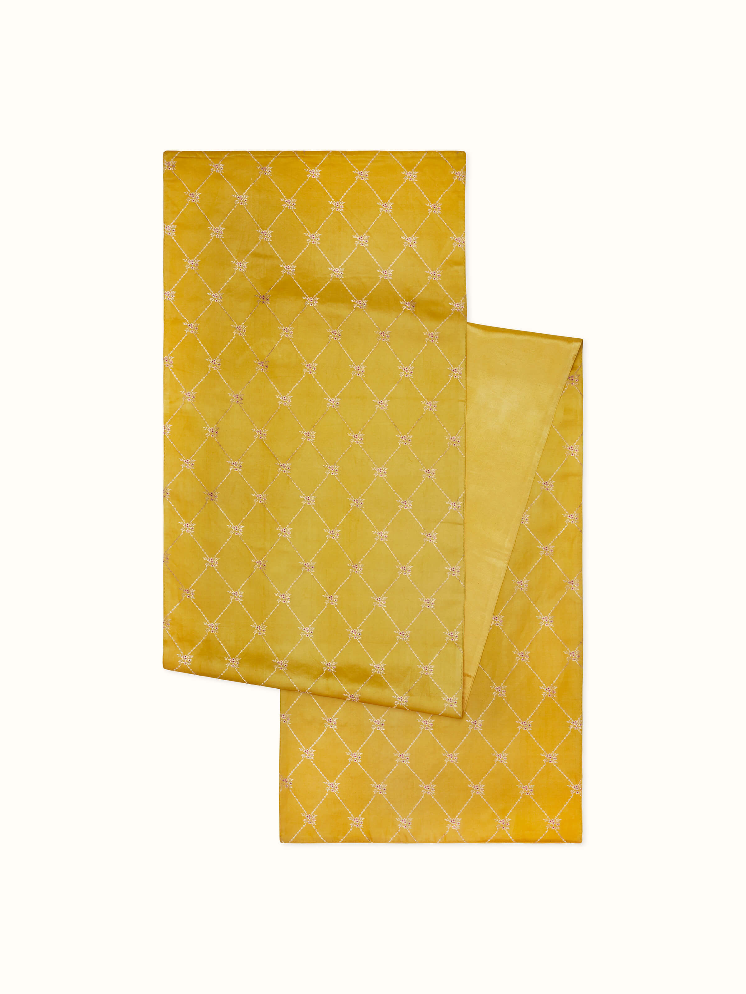 Back view of Awadh Yellow Banarasi Handloom Silk Bed Runner, displaying its quality finish and texture.