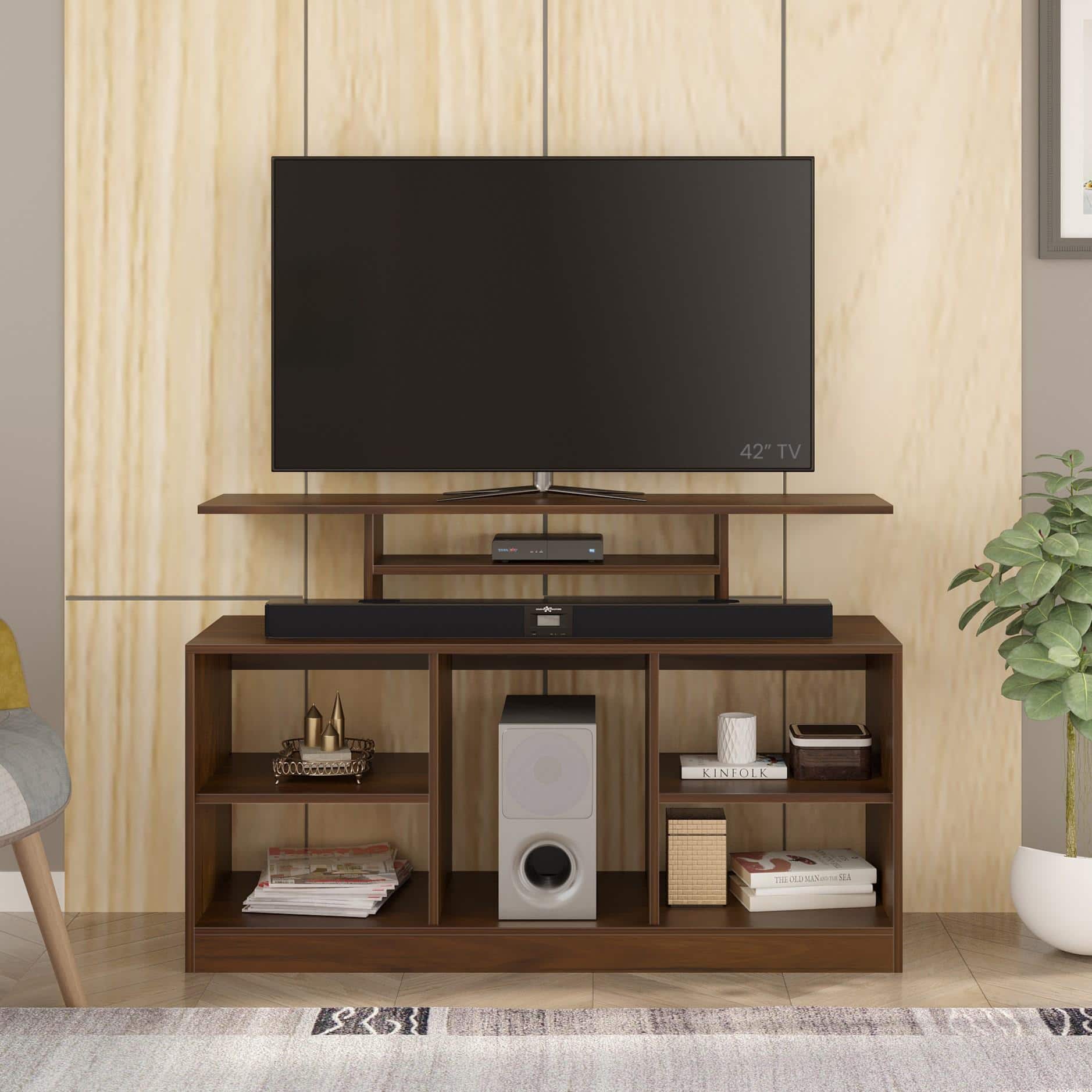 Bevlyn Engineering Wood Floor Standing Tv Entertainment Unit In Brown Maple Finish