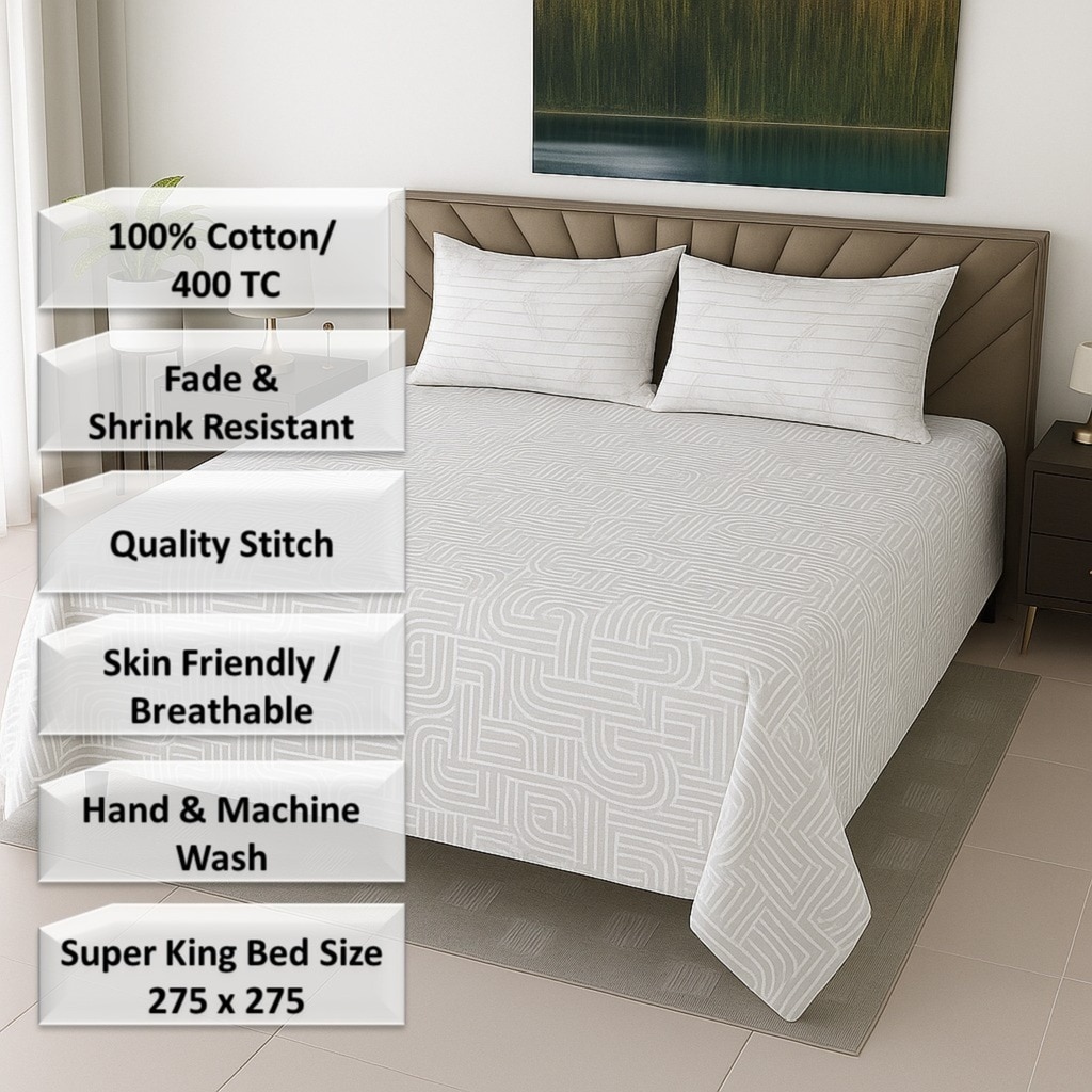White & Grey Abstract 400 TC Cotton Flat Super King Size Bedsheet With 2 Pilllow Covers
