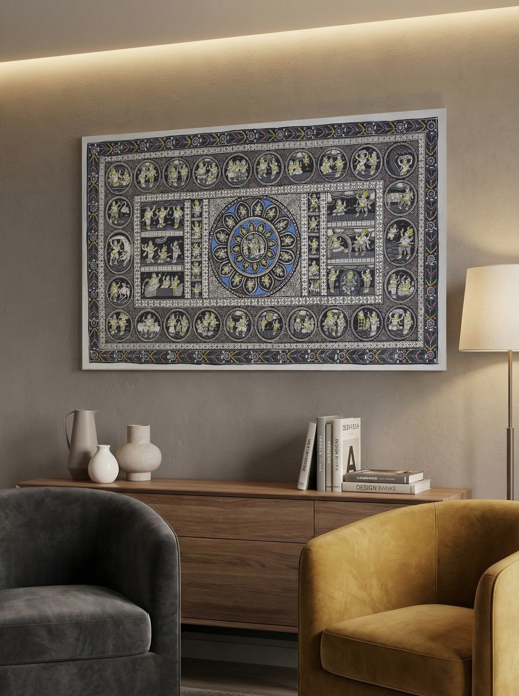 Lifestyle view of Pattachitra Krishna Narrative Painting