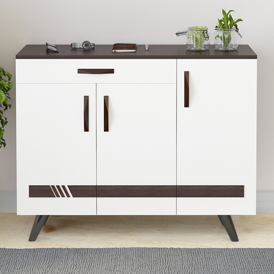 BLUEWUD Kaspen Engineered Wood Wood Dual Tone 3 Doors Shoe Rack Cabinet Slipper Footwear Stand Organizer with Drawer can Store Up to 16 Pairs for Home (Wenge & White)