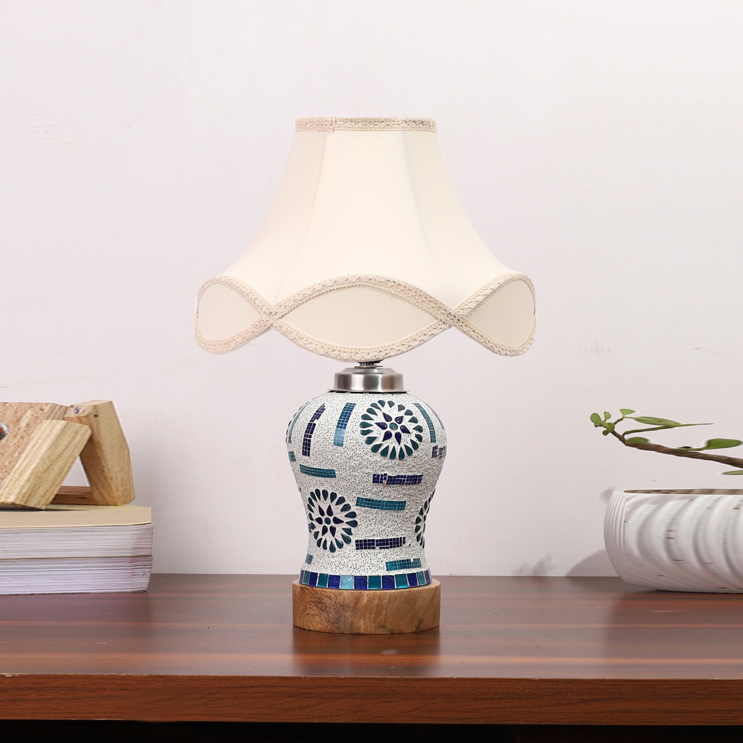 Devansh Off-White Vintage  Cotton Shade Lamp With Wood & Mosaic Glass Base For Decoration/Office/Home/Gifting/Study For Decoration/Office/Home/Gifting/Study - Devansh