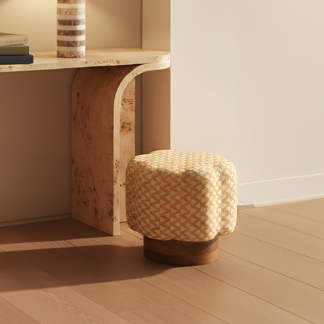 Taal Solid Wood Pouf Set of Two in Beige Colour - Orange Tree