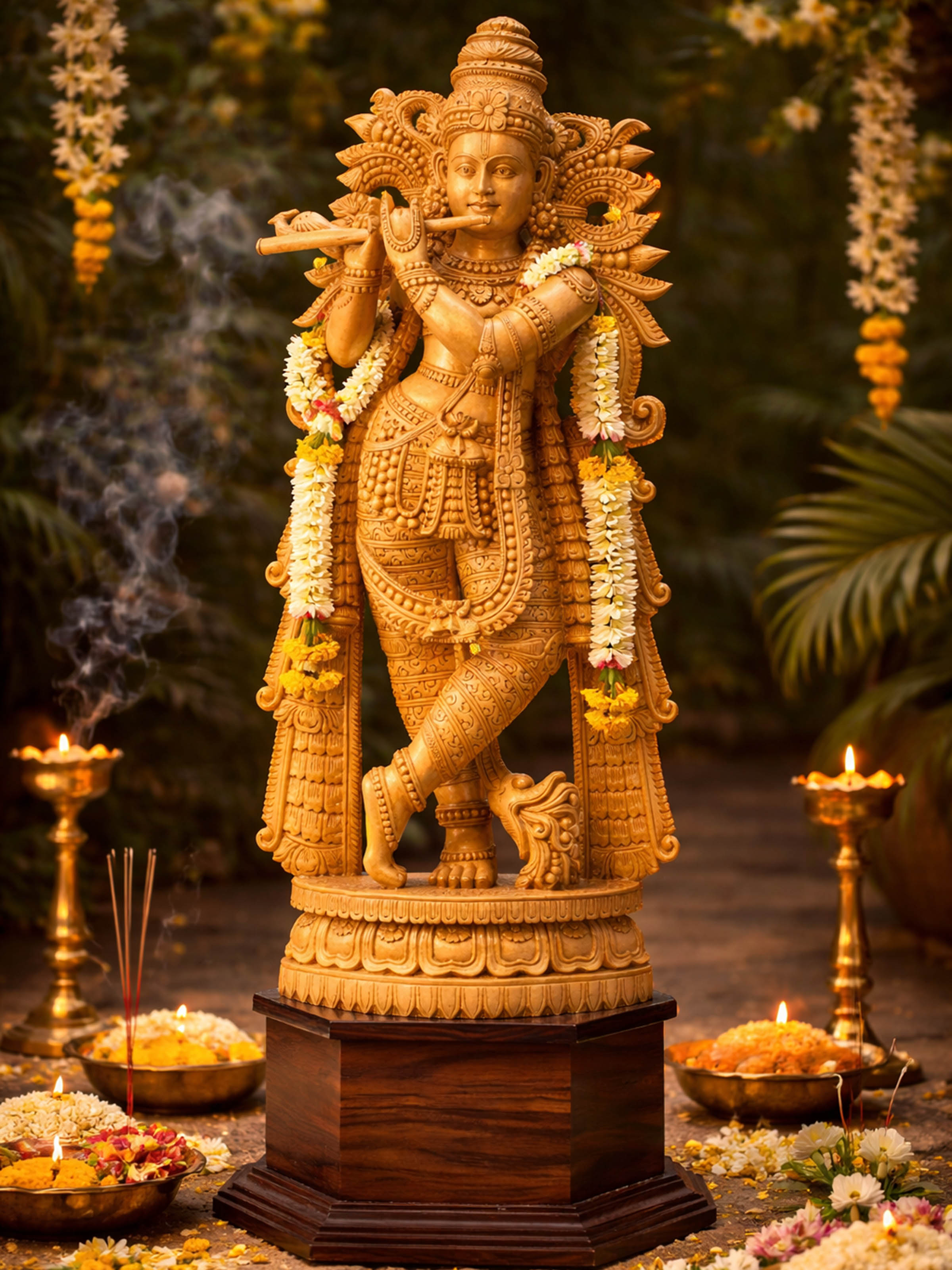 Wood Carved Krishna Idol