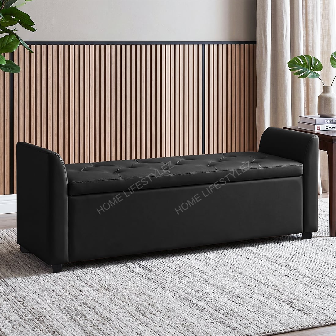 Sibol Leatherette  2 Seater Ottoman Bench with Storage  in Black Color - Home Lifestylez