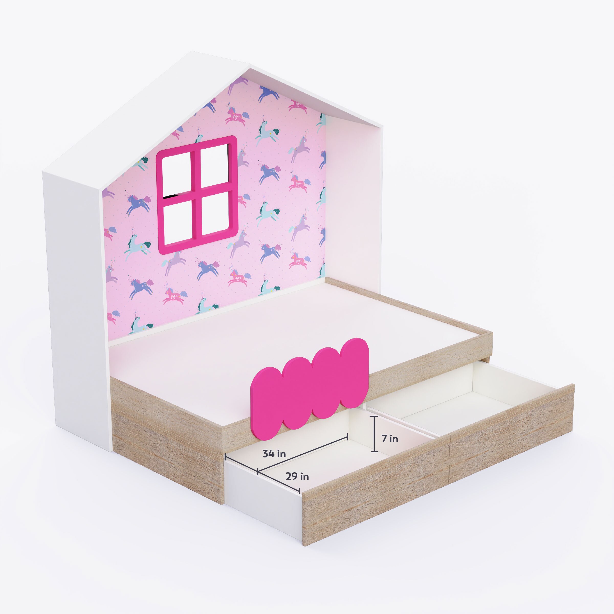 Little Hut Bed 6X4 Drawers On Wheels In Pink Colour53