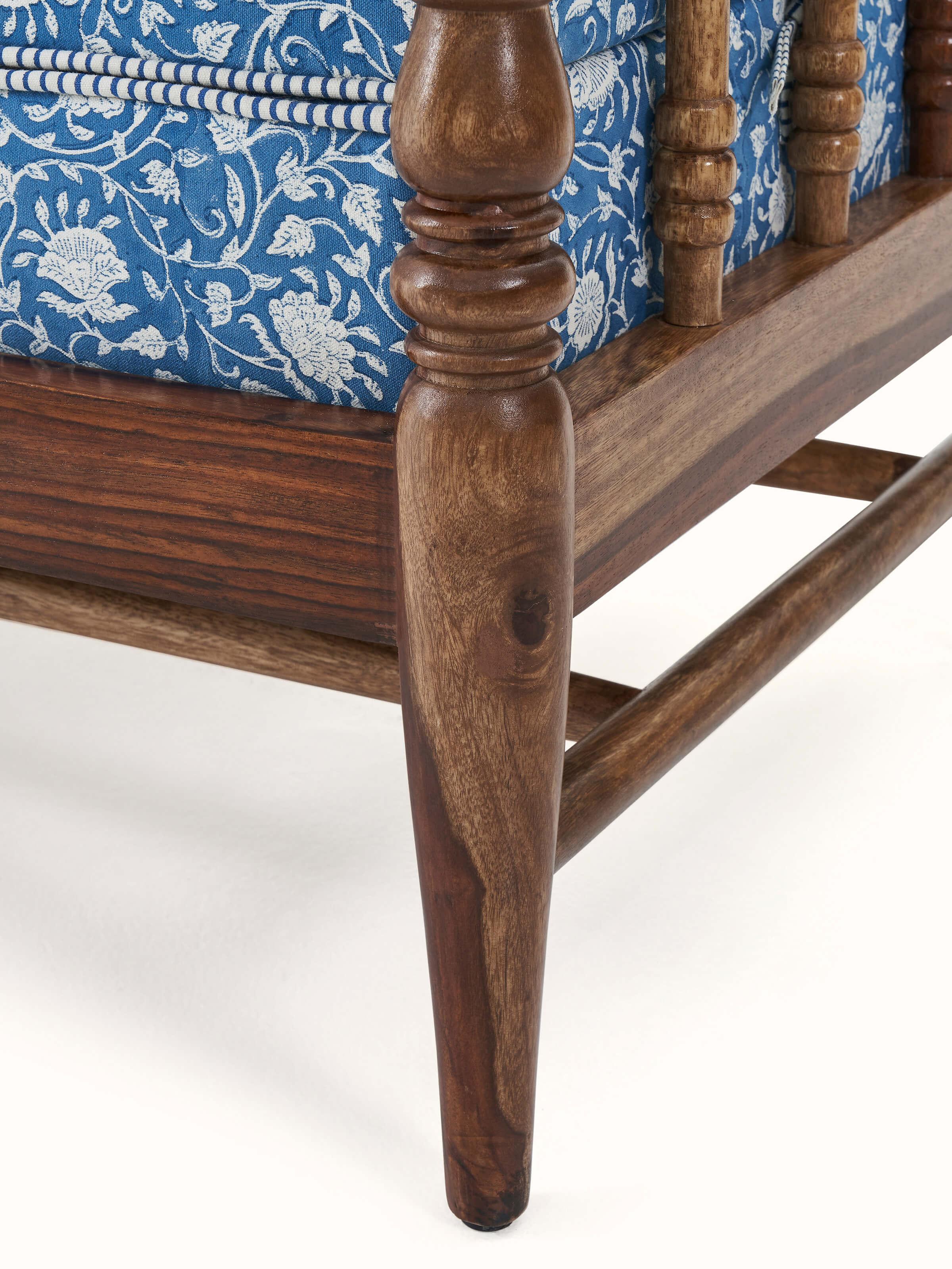 Upholstered Sheesham Wood Sanganeri Block Print Bench