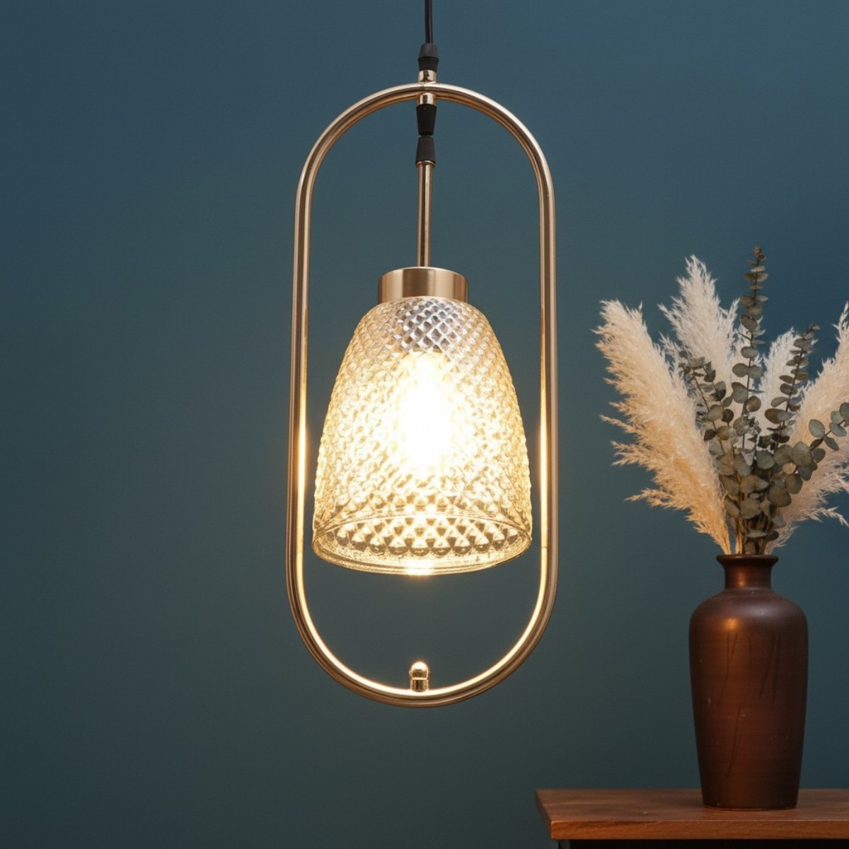 Eliante Hanging Light, White Glass Shade, Mild Steel And Wood, 1 Bulb