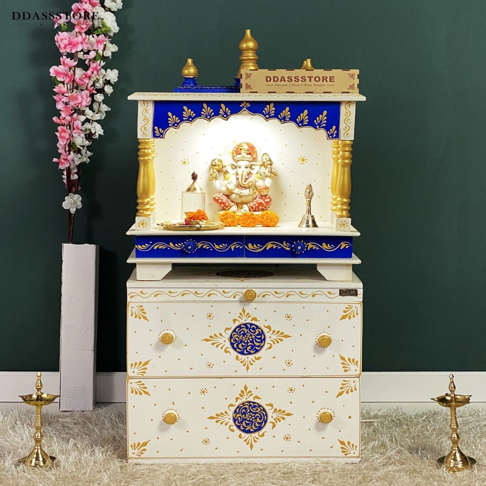 D'Dass Multi Color Mdf and Sheesham Wooden Temple With Cabinet For Pooja - D'DASS