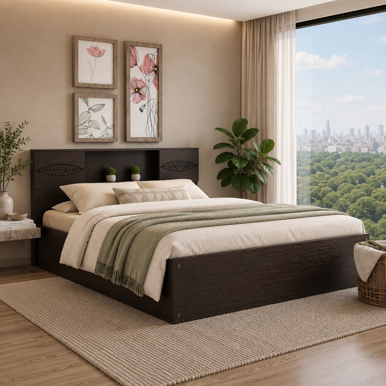 Aegiale Engineered Wood Queen Size Bed With Drawer Storage (Melamine Finish)