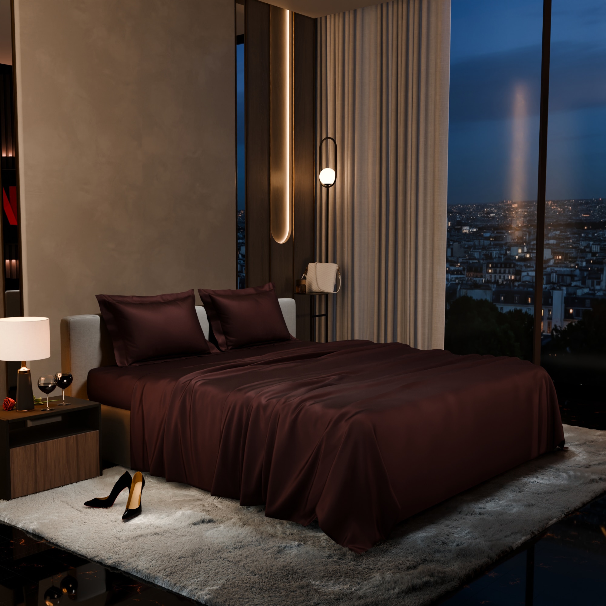 Stoa Paris 300 TC Satin Bedsheet Double Bed with Pillow Covers in Hot Chocolate - Stoa Paris
