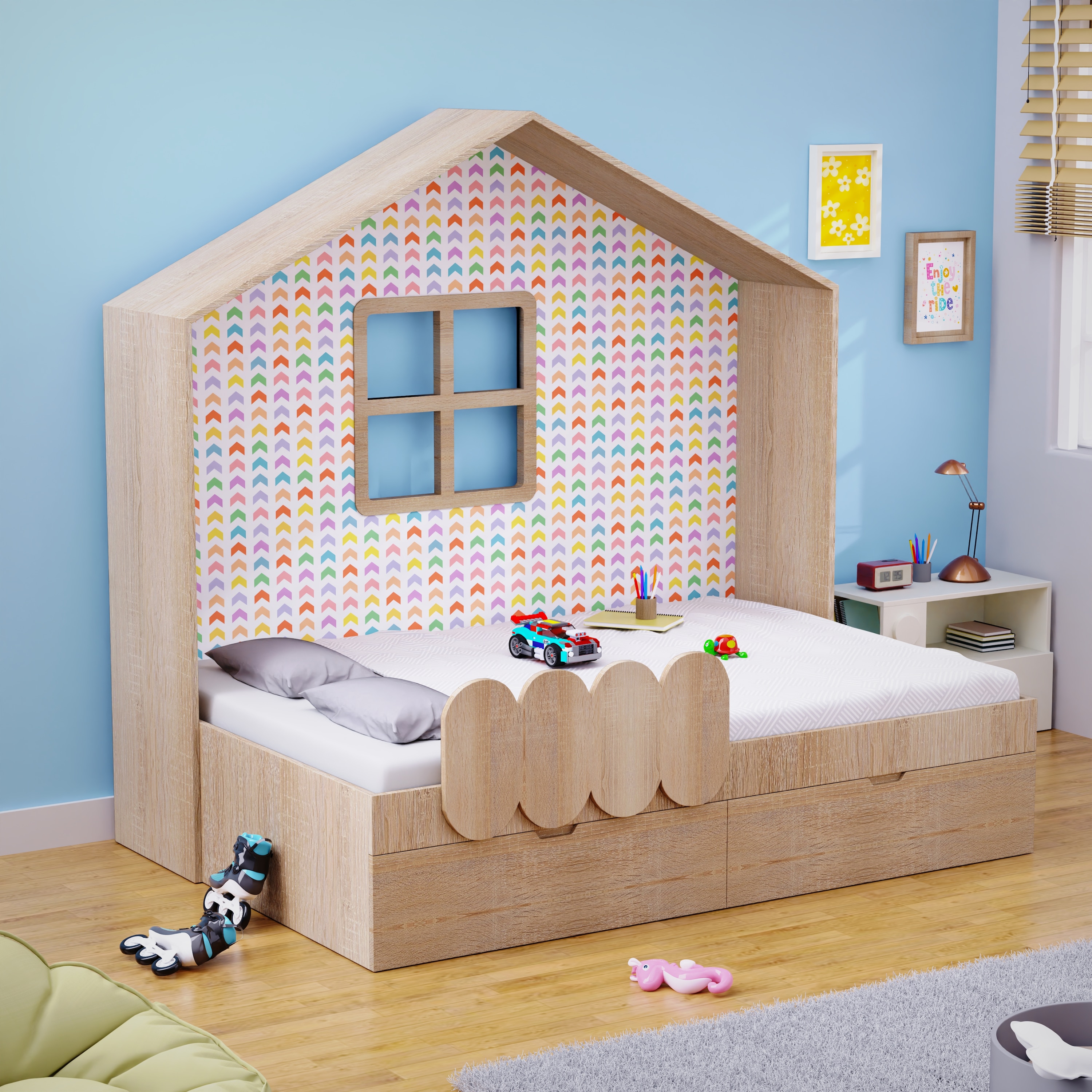 Little Hut Bed 6X4 Drawers On Wheels In Oak Colour52