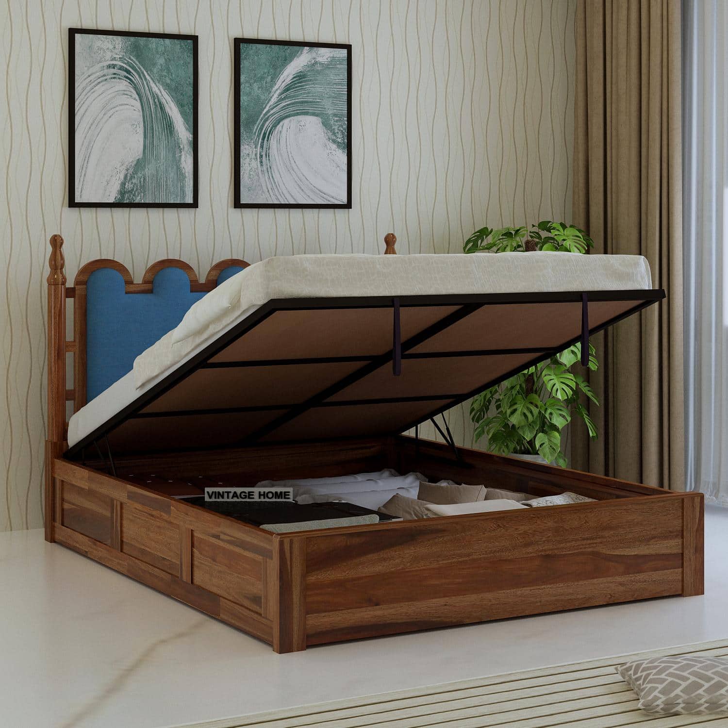 Heritage Sheesham Wood Queen Size Bed With Hydraulic Storage in Provincial Teak Finish