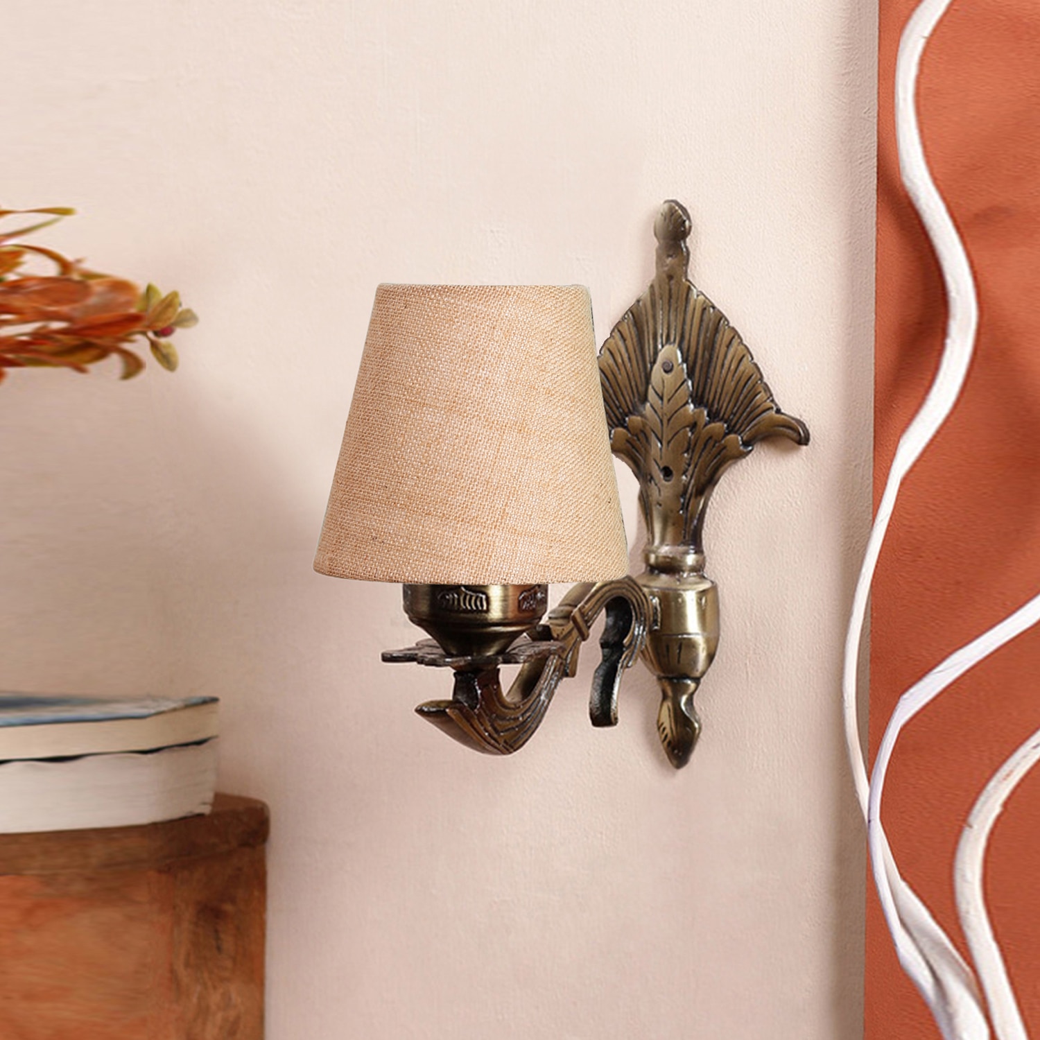 Devansh Metal Electric Wall Light in Antique Gold Colour with Beige Shade Count of 1 Light - Devansh