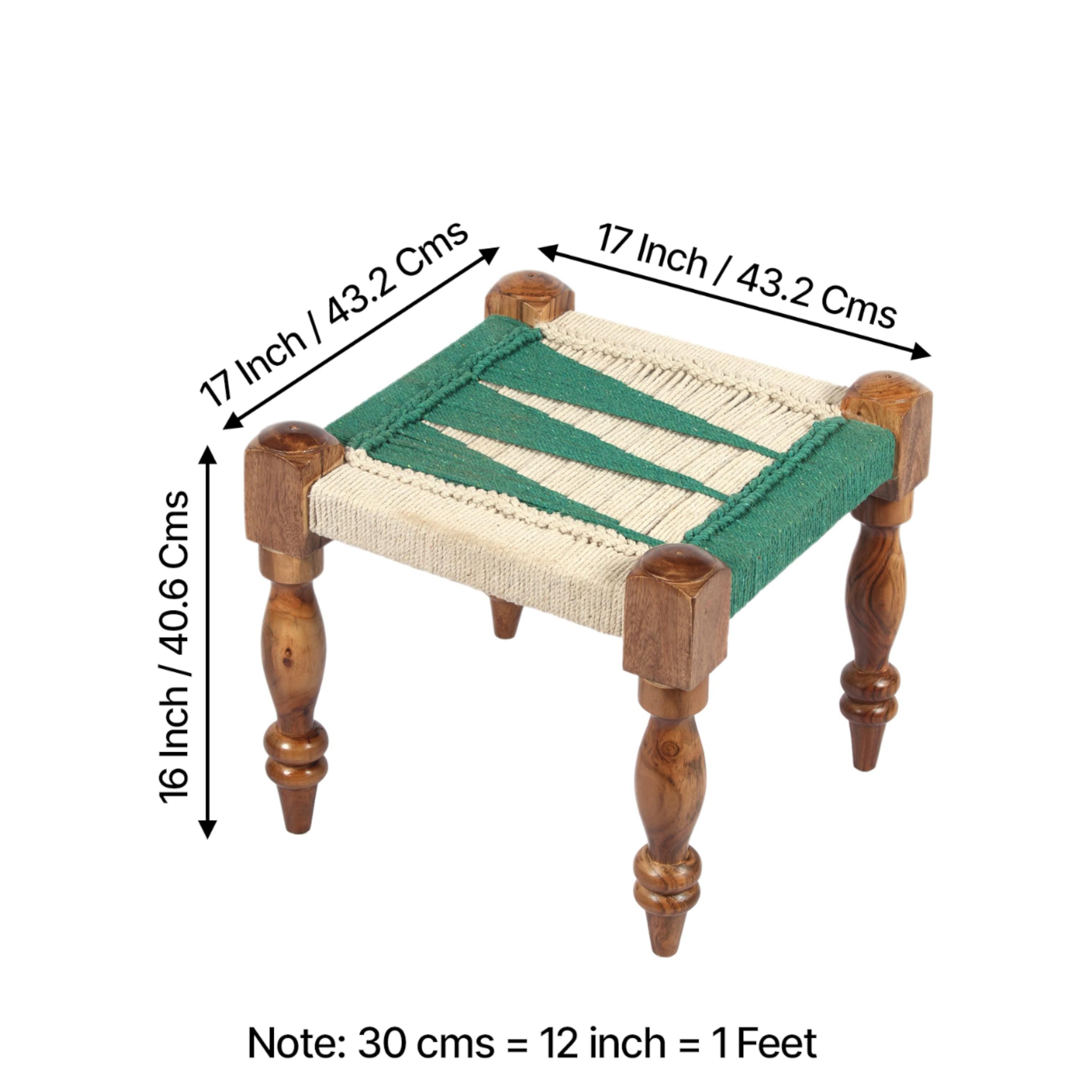 Hamilton Sheesham Wood Maachi Bench Set With 2 Stools In Green & White Rope Canning
