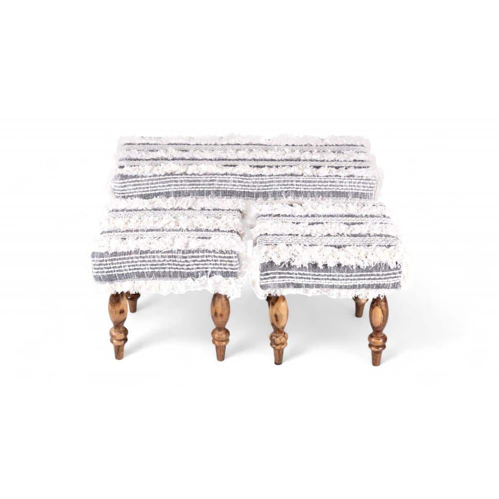 Bestone Sheesham Wood Mid Century Seater Bench Set  2 Stools In Grey Fabric