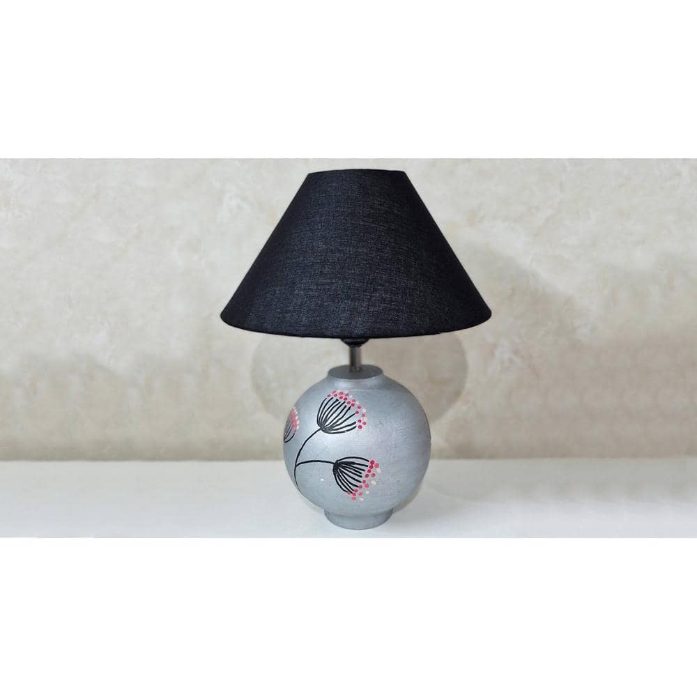 Azov Handmade & handpainted Silver colour Wooden matka lamp with Cotton Black shade