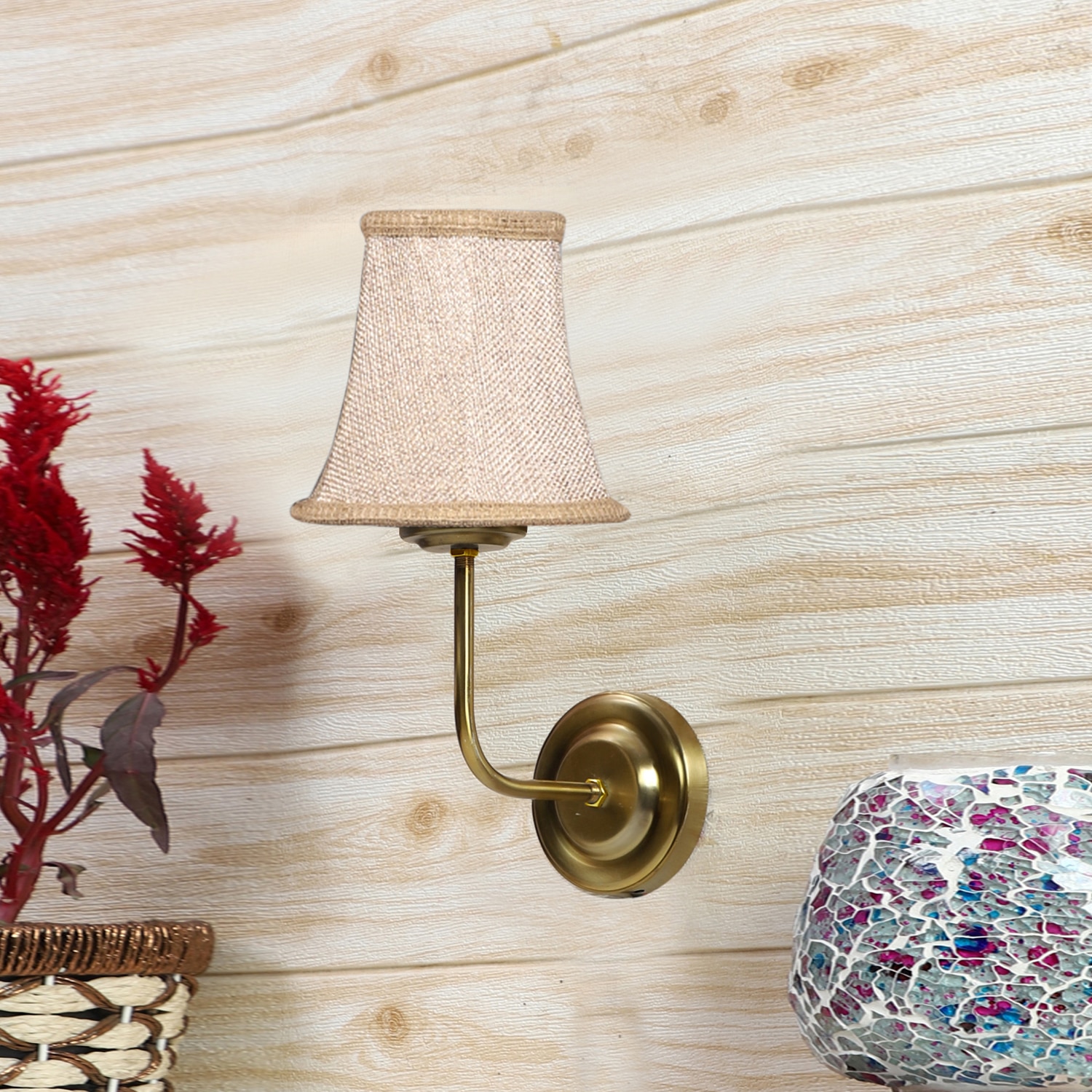 Devansh Gold Wall Mounted Lamp With Beige Jute Shade