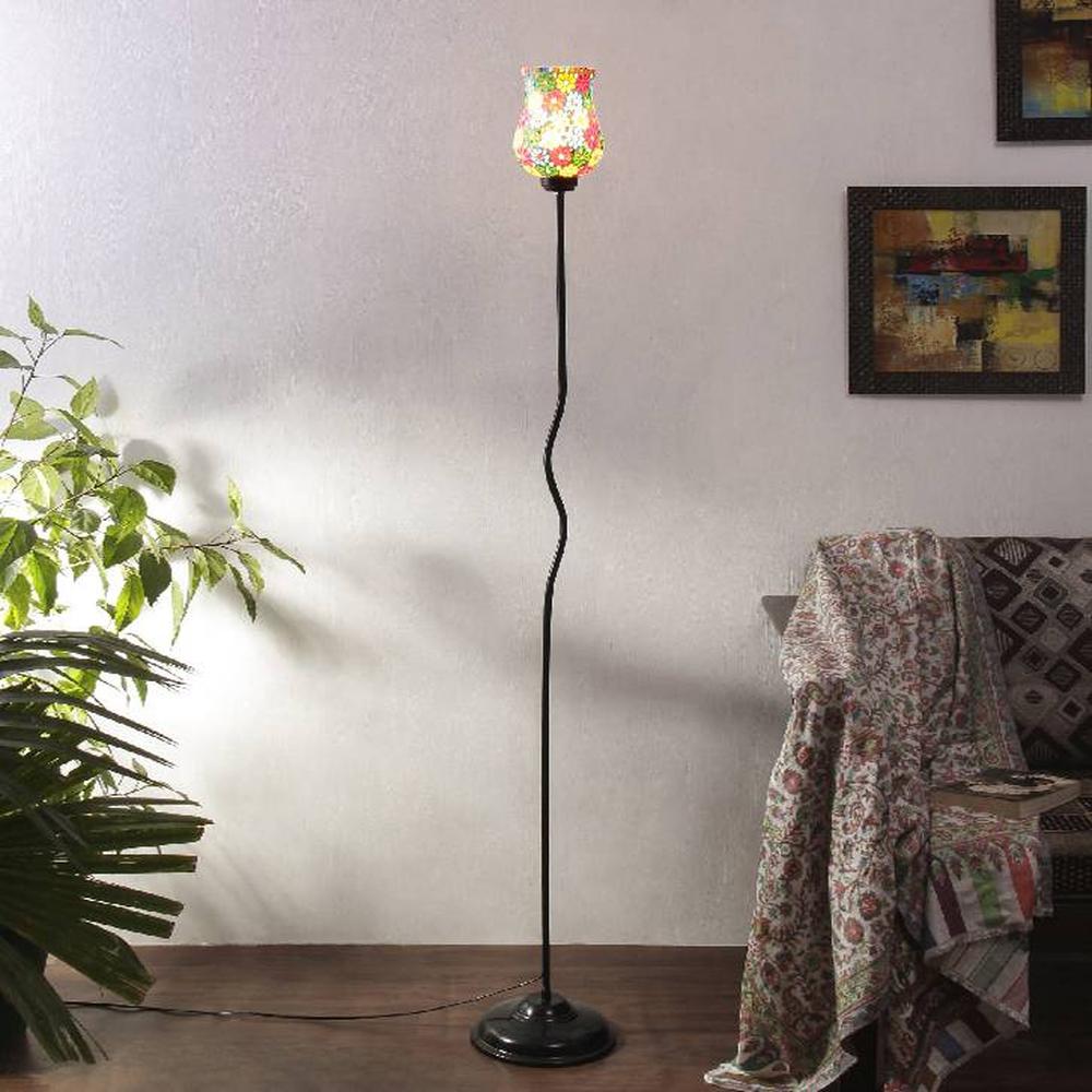 Olivia Multicolour Glass Floor Lamp with Black Iron Base