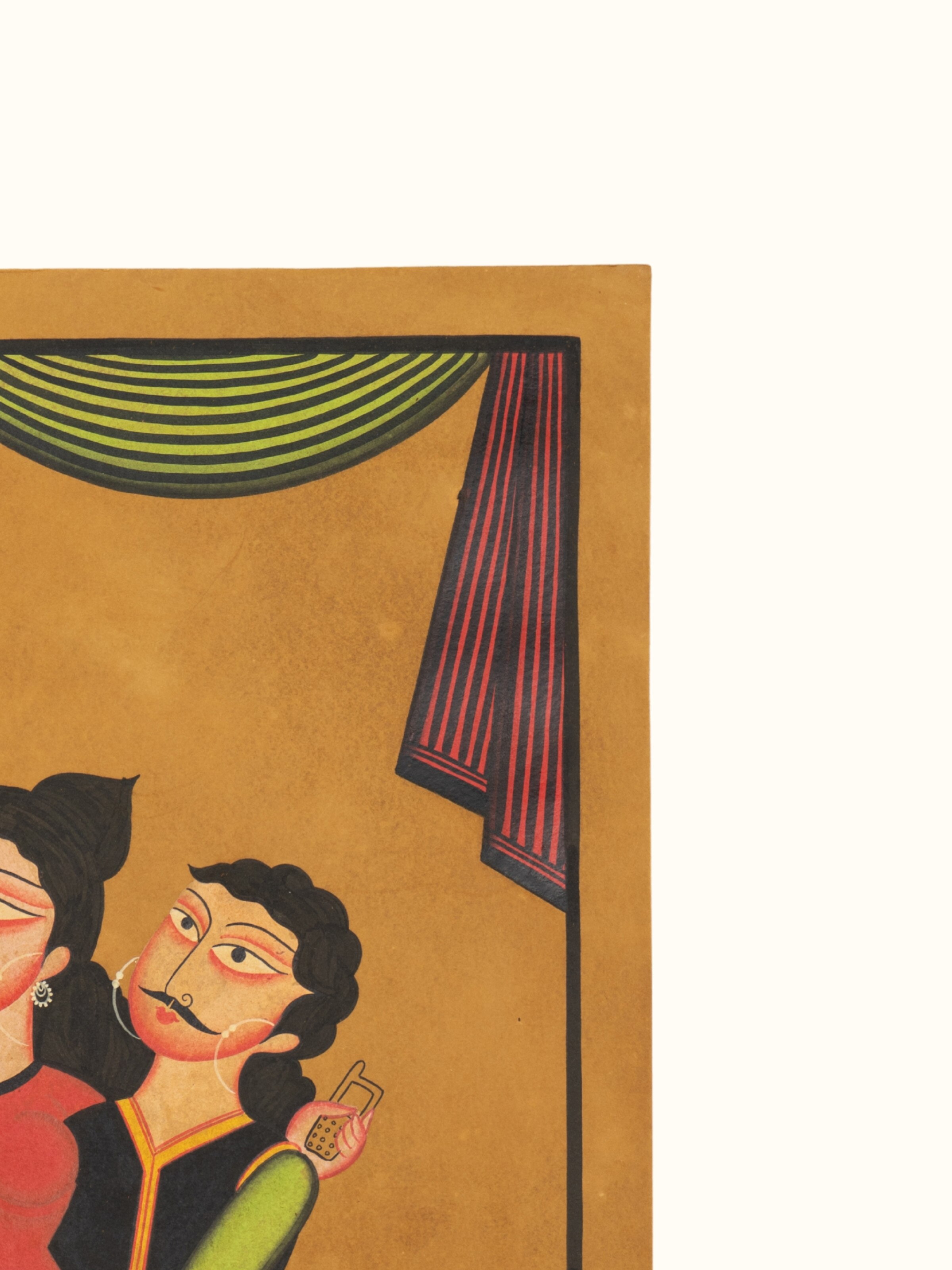Side detail view of Kalighat Babu Bibi folk art painting on paper