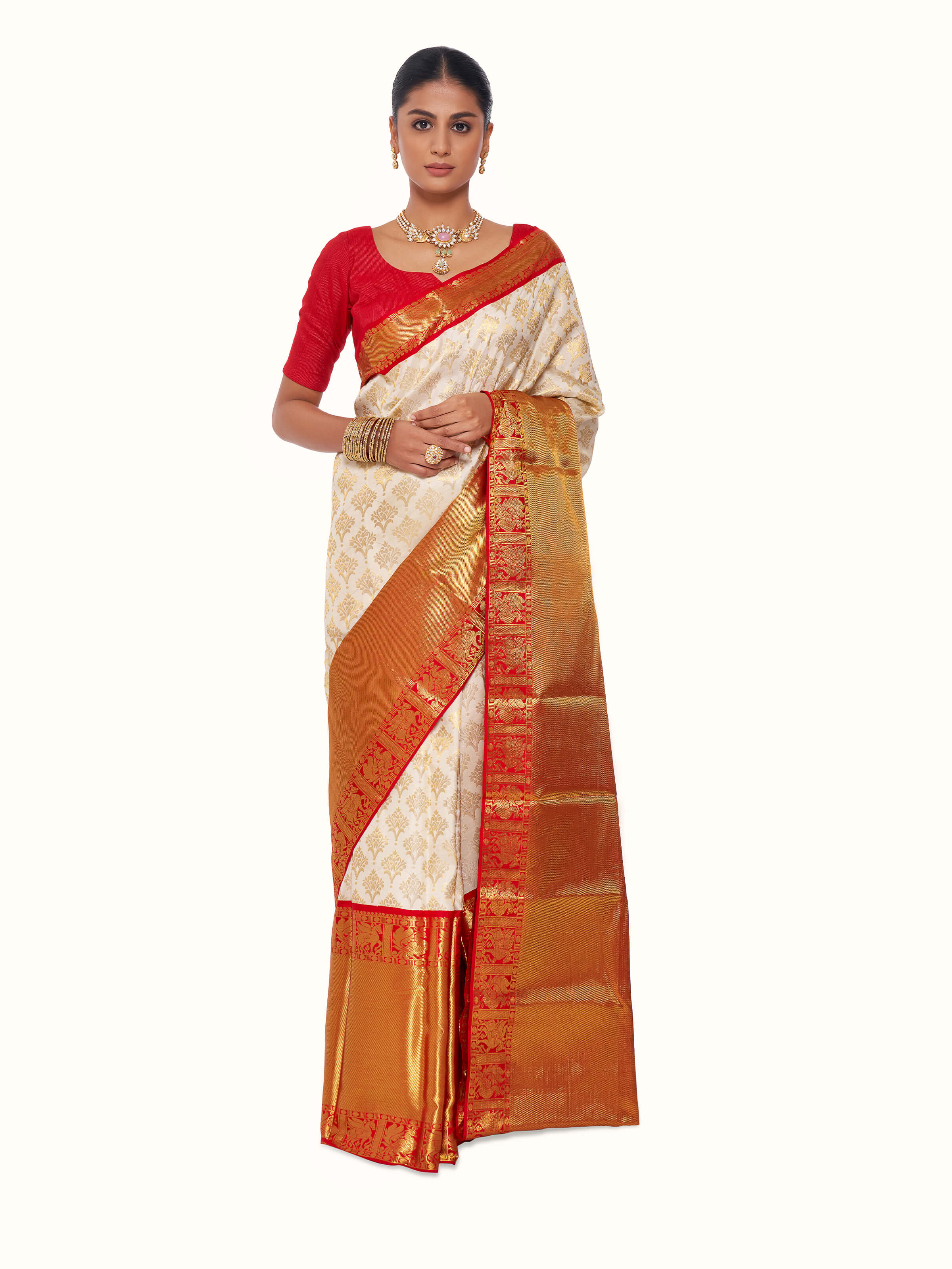 Front view of white silk Dharmavaram saree with traditional woven border